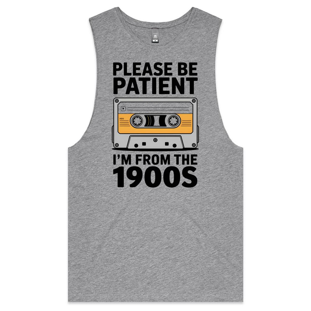 Please Be Patient, I'm From The 1900's Mens Men's AS Colour Drop Arm Tank Top Grey Marle Drop Arm Tank Top Music Printed In Australia Retro