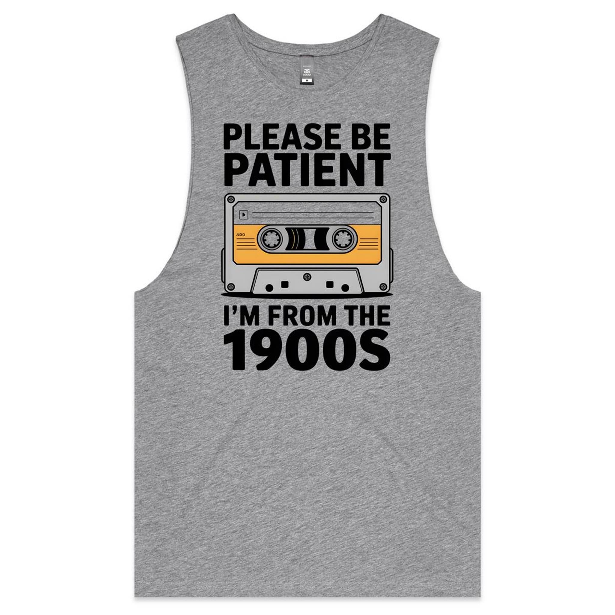 Please Be Patient, I'm From The 1900's Mens Men's AS Colour Drop Arm Tank Top Grey Marle Drop Arm Tank Top Music Printed In Australia Retro