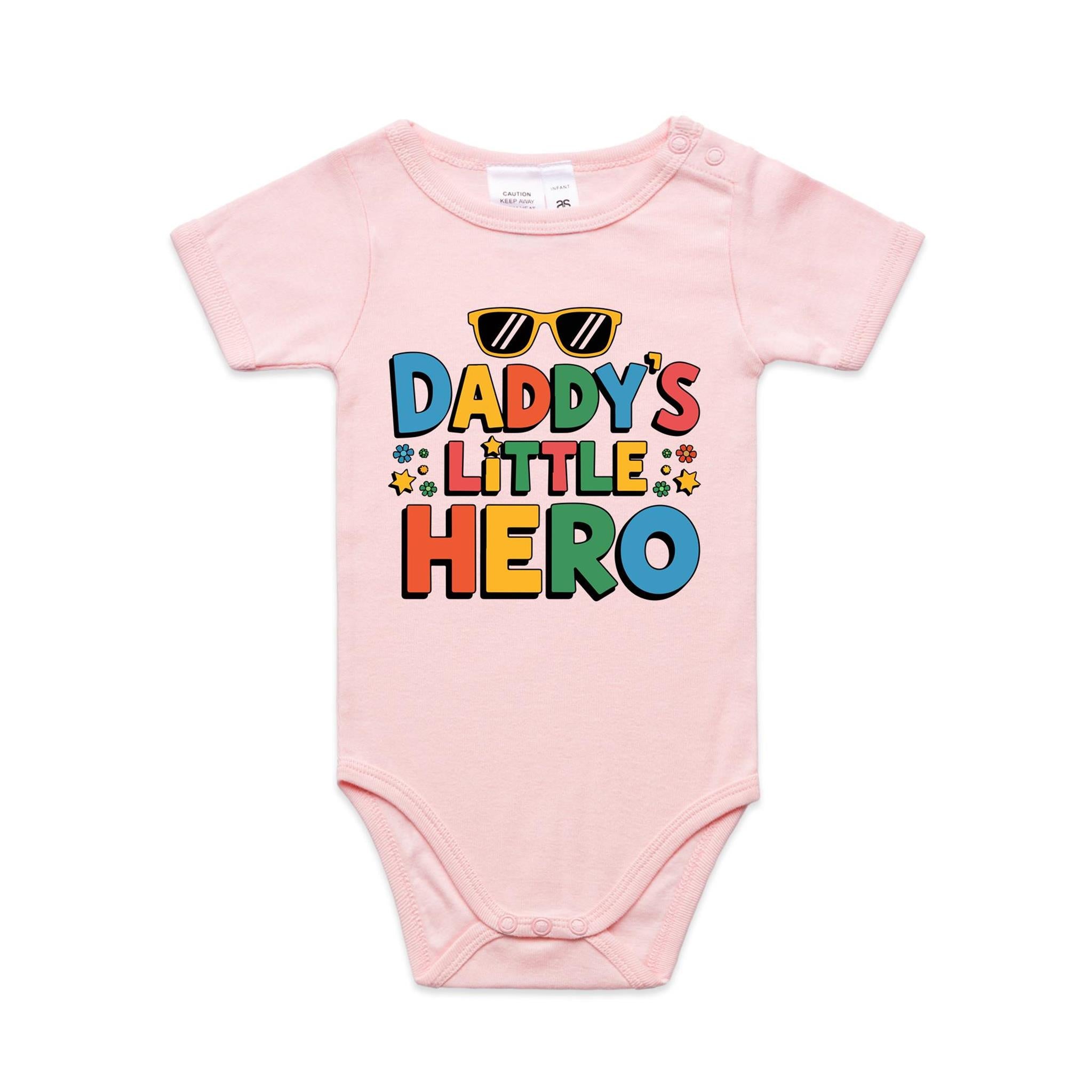 Daddy's Little Hero AS Colour Baby Bodysuit Pink Baby Bodysuit Printed In Australia