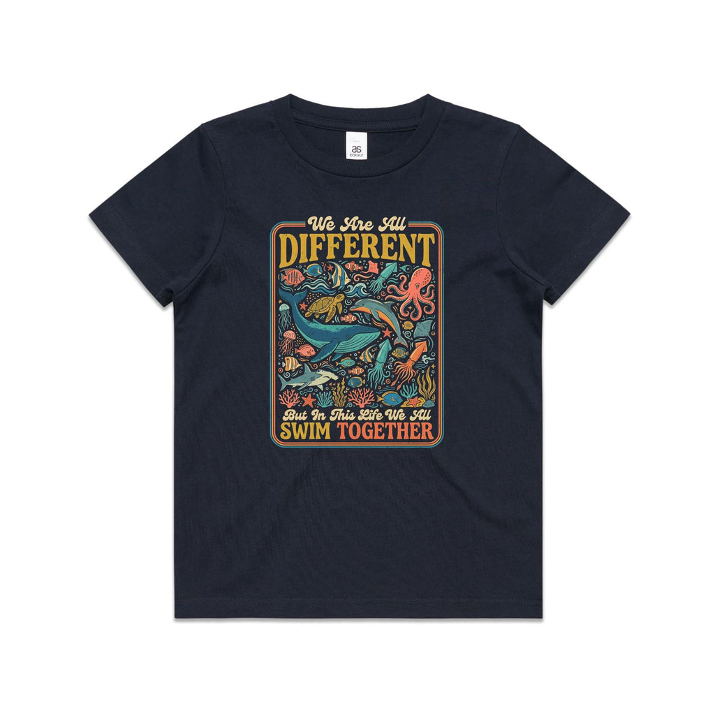 We Are All Different, But We All Swim Together Kids AS Colour T-shirt Navy Kids Youth T-shirt animal Ocean Positivity Printed In Australia