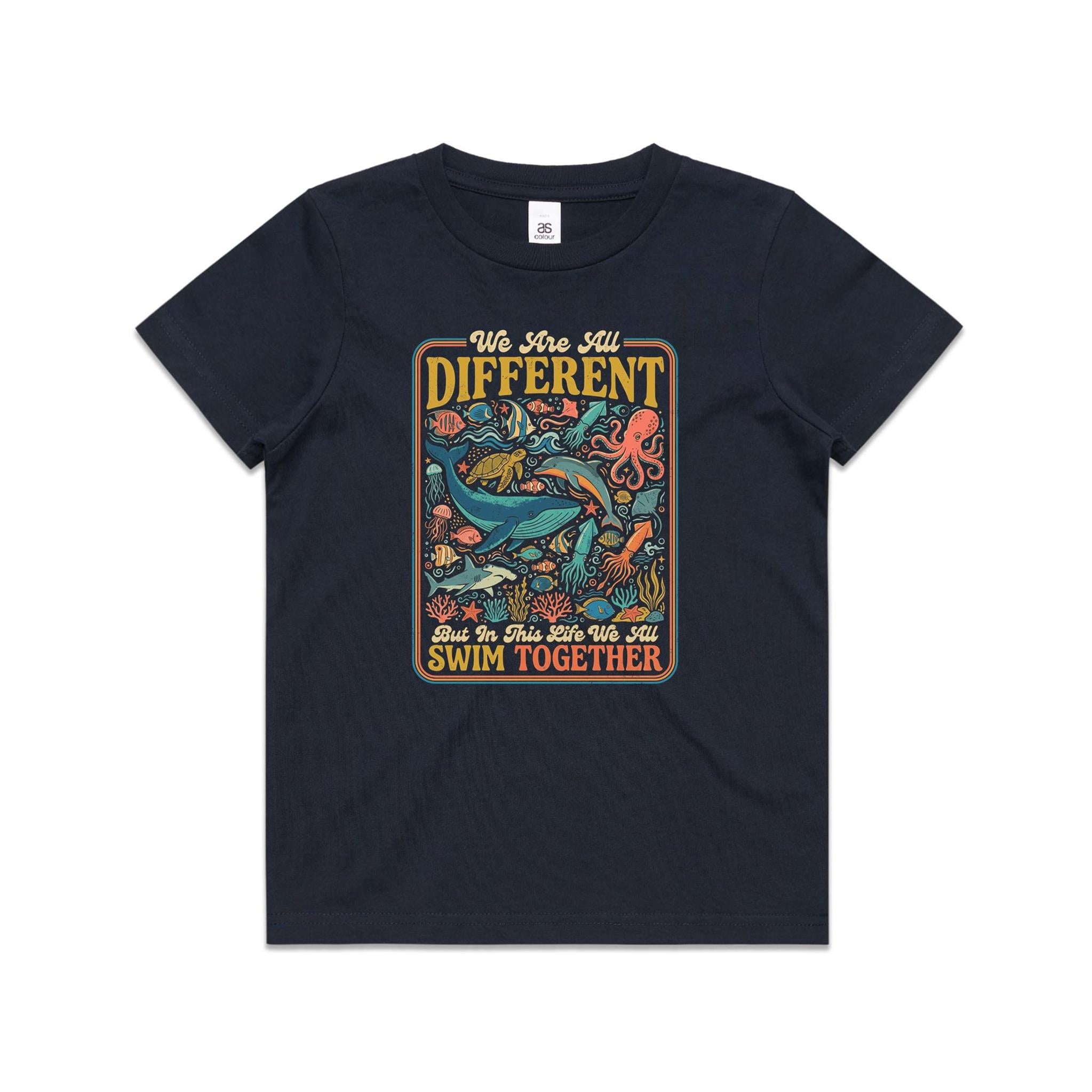 We Are All Different, But We All Swim Together - Kids AS Colour T-shirt Navy Kids Youth T-shirt animal Ocean Positivity Printed In Australia