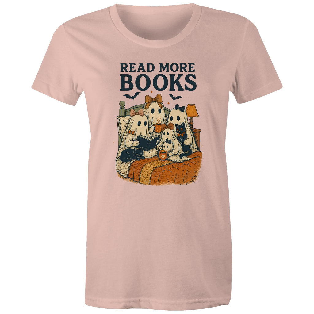 Read More Books, Halloween Ghosts - Womens T-shirt Pale Pink Womens T-shirt Halloween Printed In Australia Reading