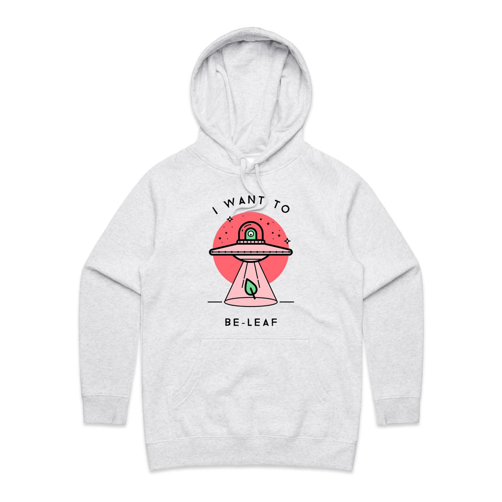 I Want To Be-Leaf, UFO - Womens Hoodie White Marle Womens Hoodie Printed In Australia Sci Fi