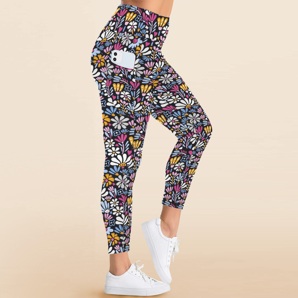 Graphic Flowers On Black Women's High Waist Pockets Yoga Leggings Women's High Waist Pockets Yoga Leggings Plants Printed Offshore