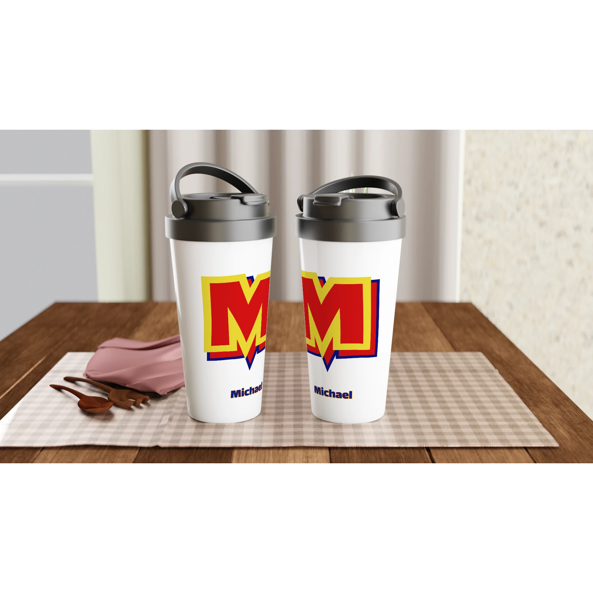 Personalised - Super Hero Initial - White 15oz Stainless Steel Travel Mug Personalised Travel Mug Customise Globally Fulfilled Initial Name Personalise