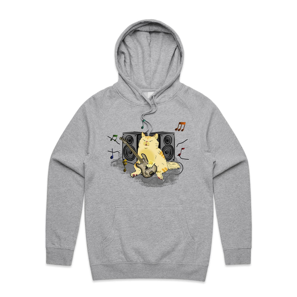 Cat Bass Player - Mens Hoodie Grey Marle Mens Hoodie animal Music Printed In Australia