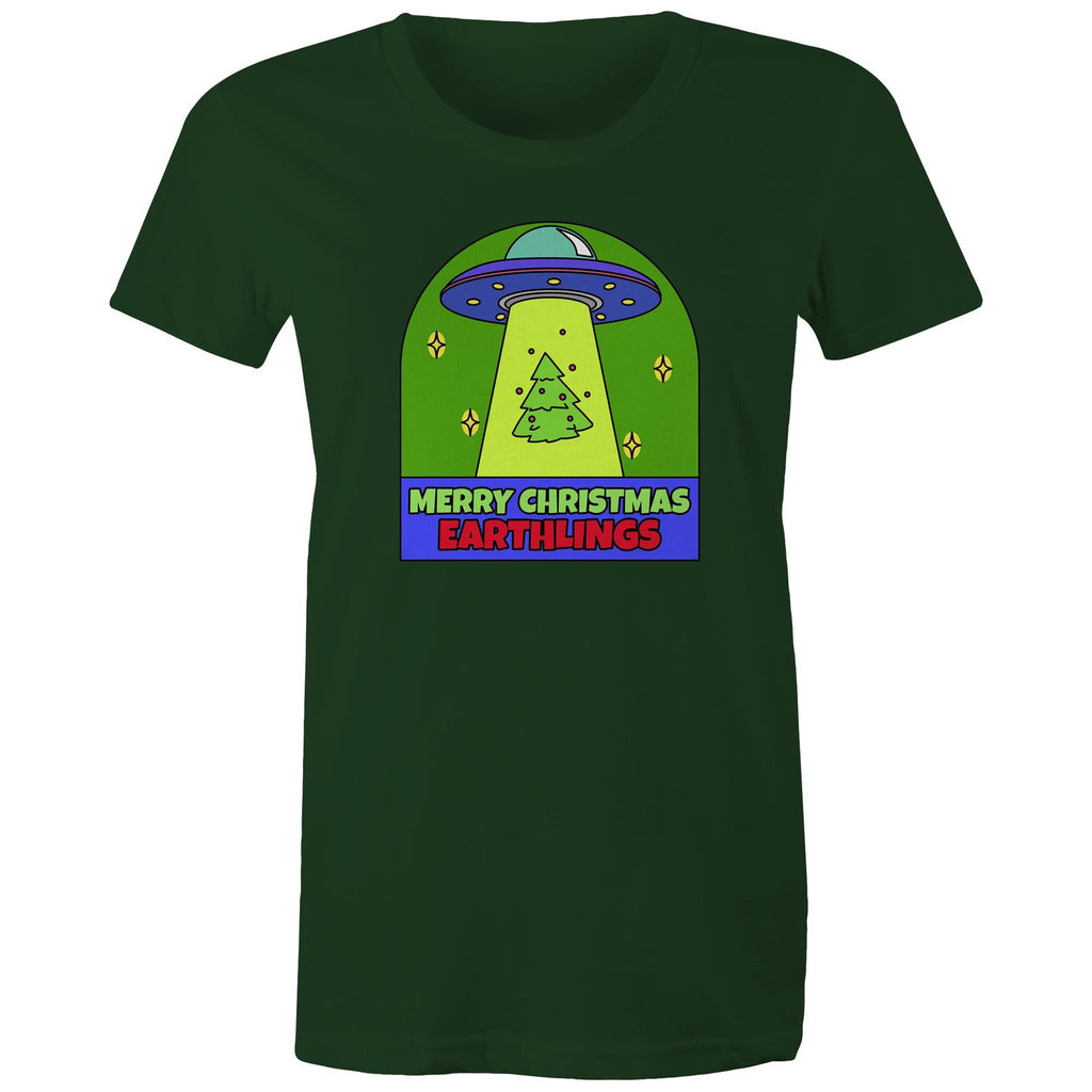 Merry Christmas Earthlings, UFO - Womens T-shirt Forest Green Womens Christmas T-shirt Christmas Printed In Australia