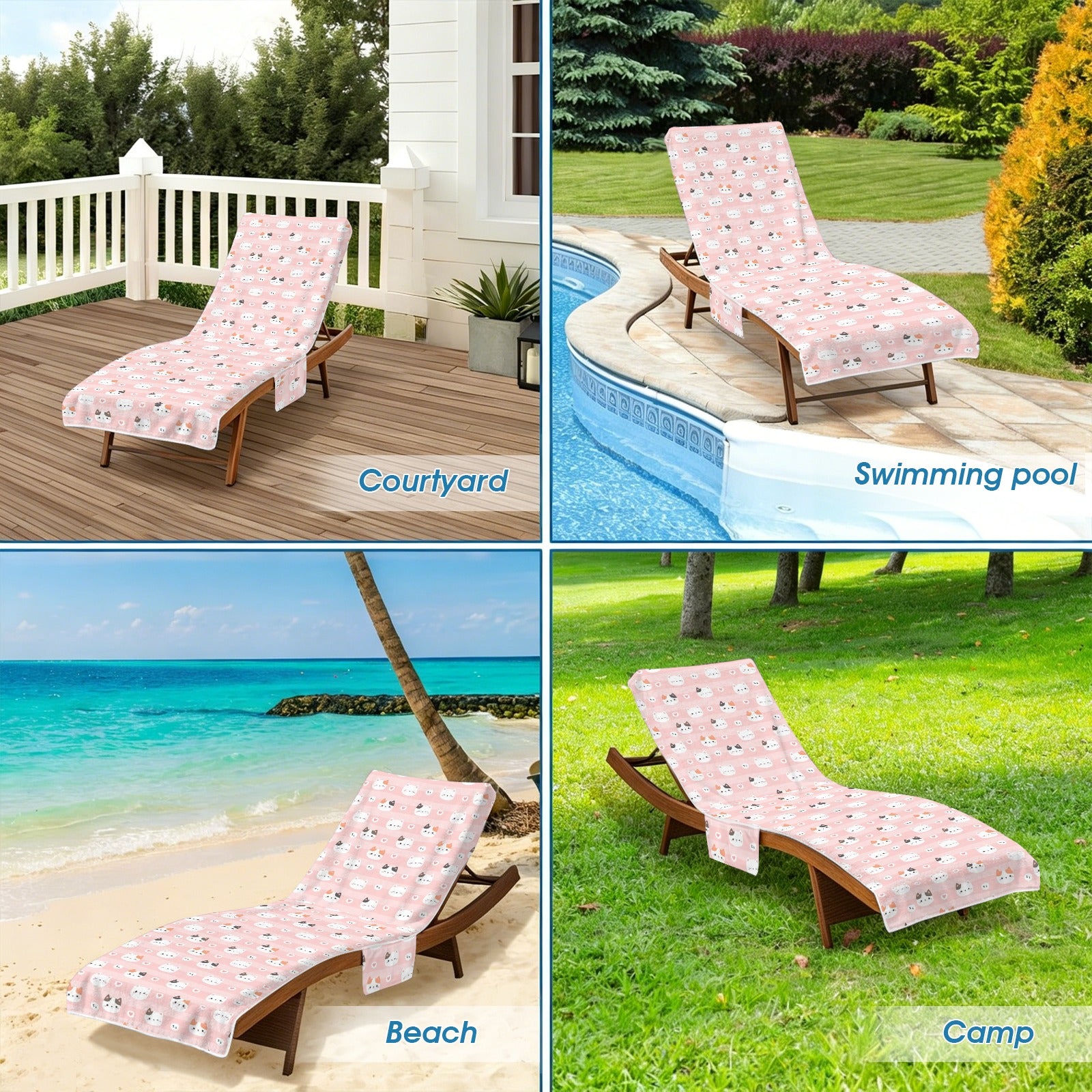 Pink Cats Beach Chair Towel Cover with Side Pockets