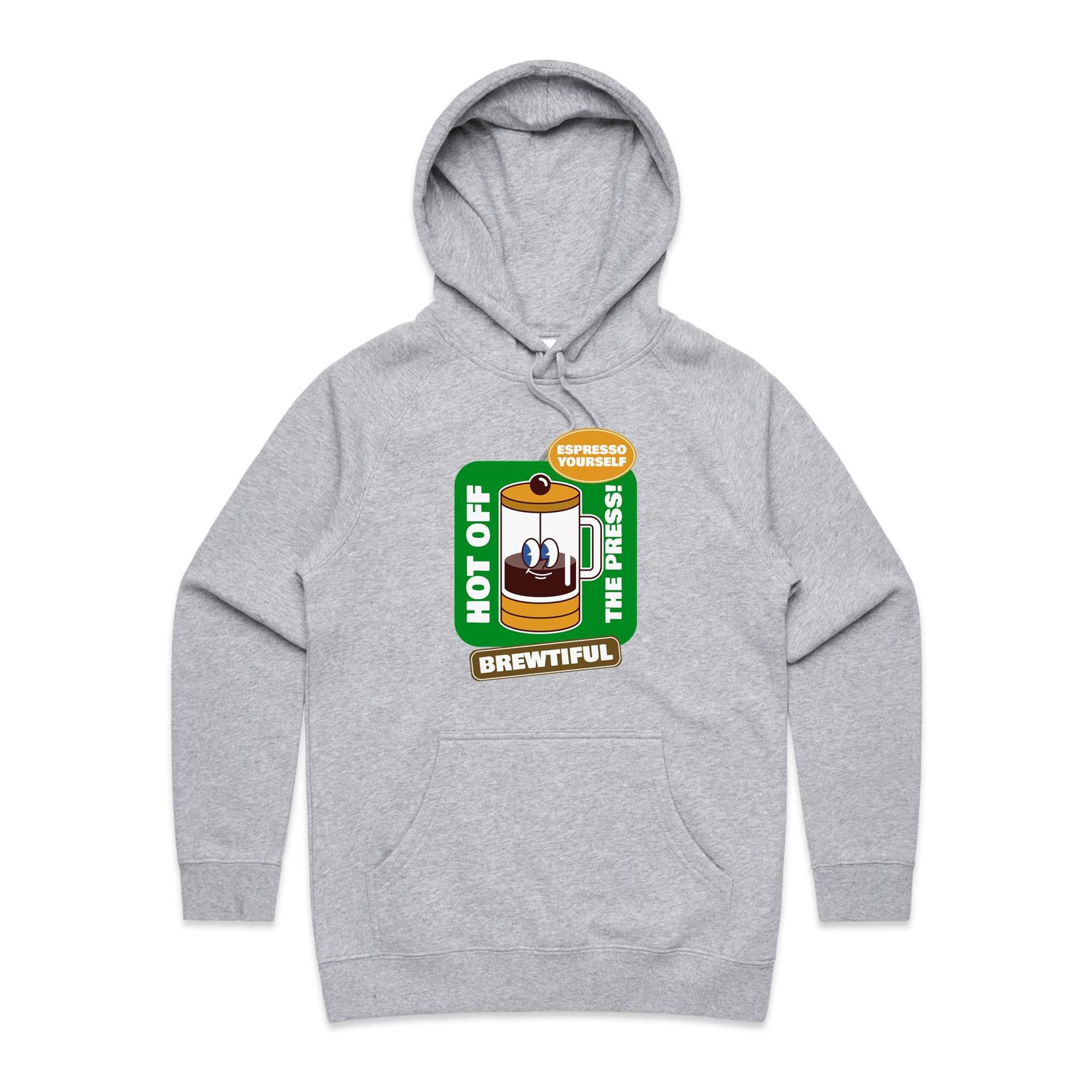Brewtiful, Coffee Press - Womens Hoodie Grey Marle Womens Hoodie Coffee Printed In Australia