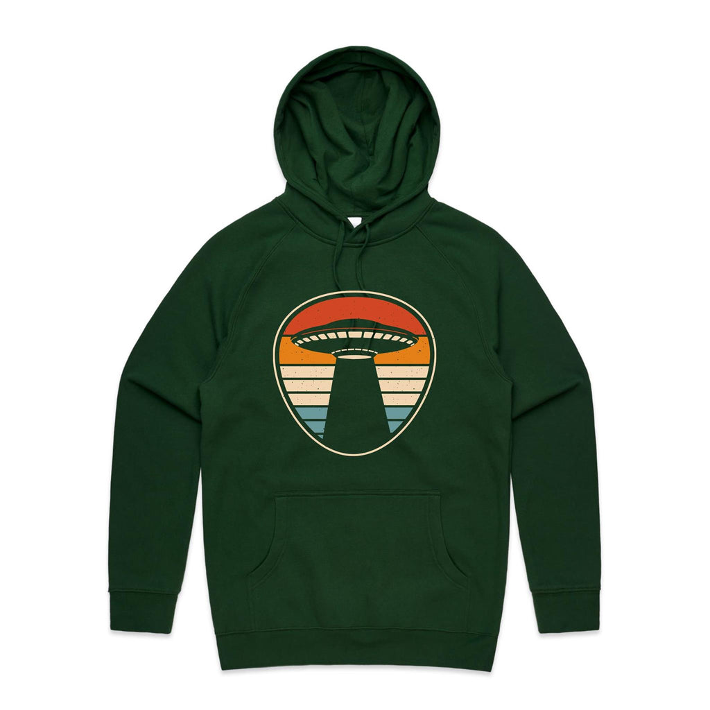 UFO, Retro Stripes - Mens Hoodie Forest Green Mens Hoodie Printed In Australia Sci Fi