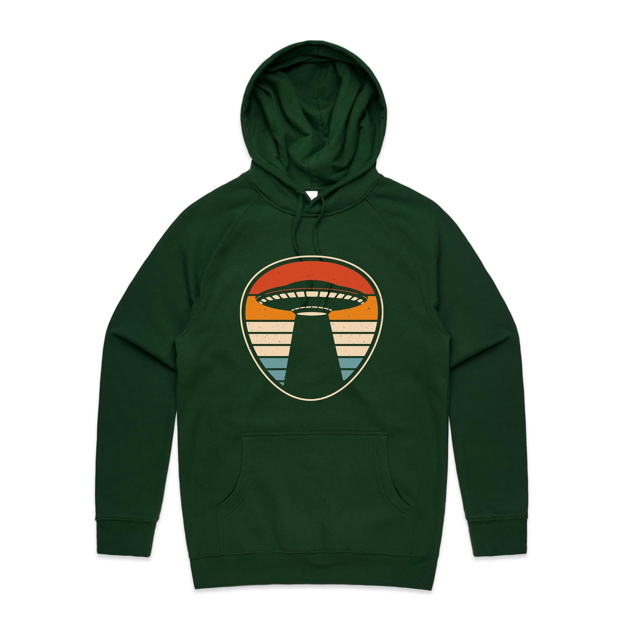 UFO, Retro Stripes - Mens Hoodie Forest Green Mens Hoodie Printed In Australia Sci Fi