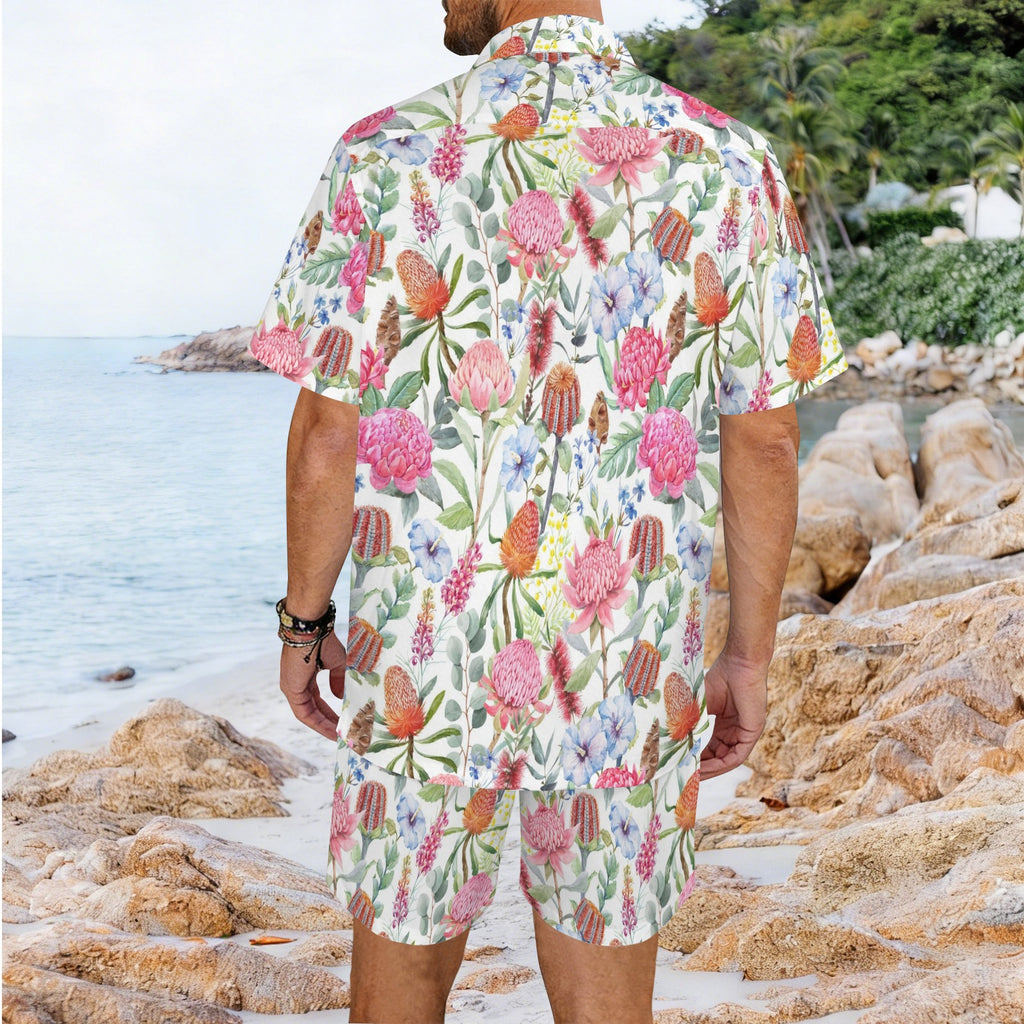 Australian Flowers Men's Hawaiian Shirt & Shorts Set Men's Hawaiian Shirt & Shorts Set Plants Printed Offshore