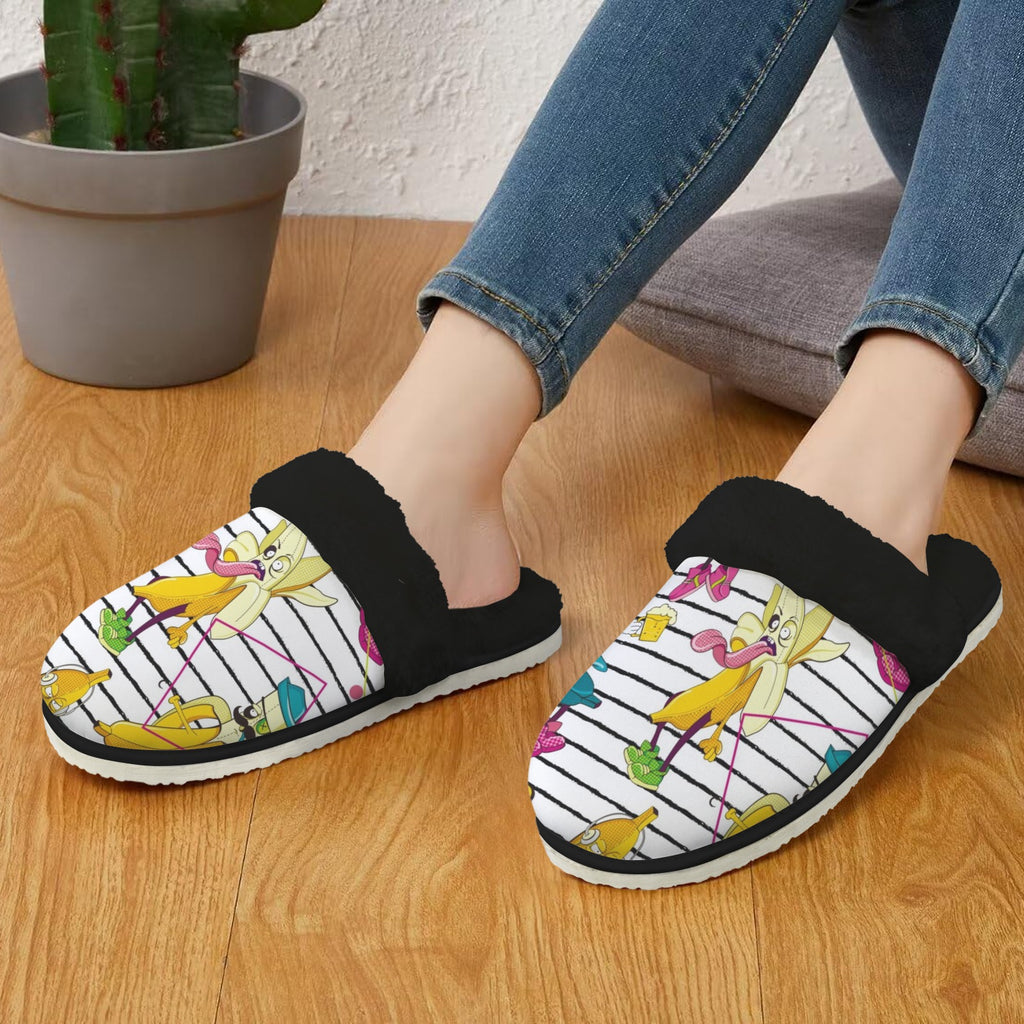 Ugly Bananas Women's Fur Trim Thick-Sole Indoor Slippers Women's Fur Trimmed Slippers Food Printed Offshore