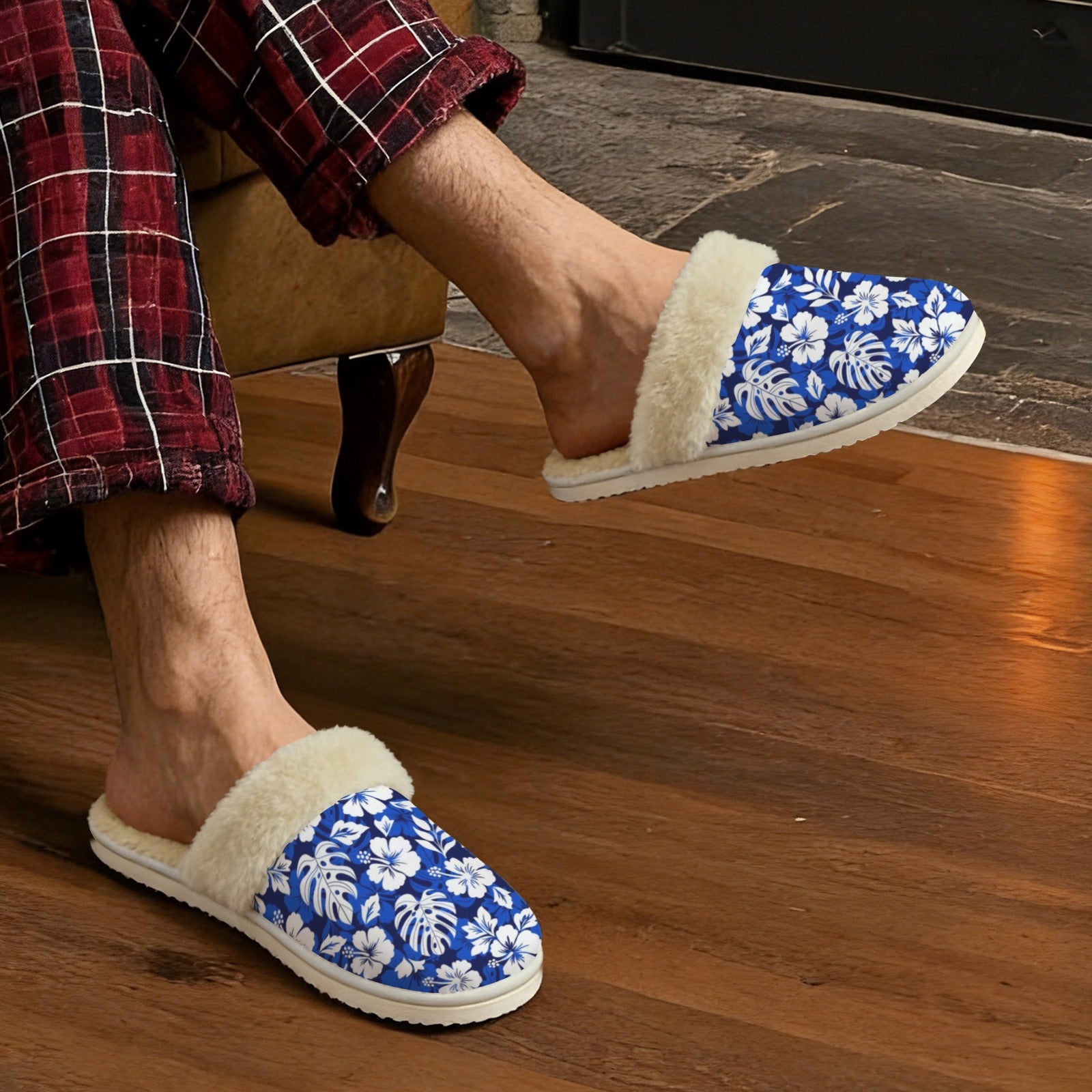 Blue Hawaiian Floral Men's Fur Trim Thick-Sole Indoor Slippers Men's Fur Trimmed Slippers Plants Printed Offshore
