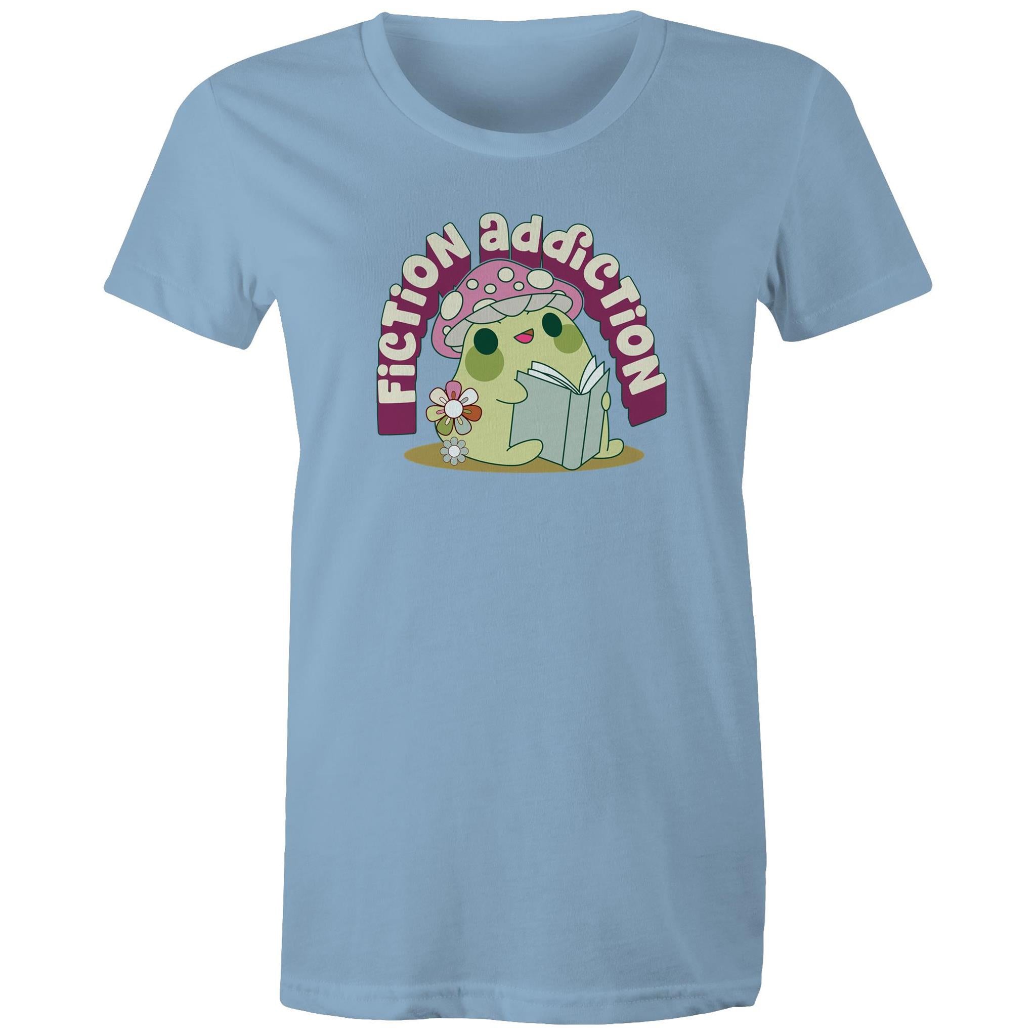 Fiction Addiction - Womens T-shirt Carolina Blue Womens T-shirt Printed In Australia Reading