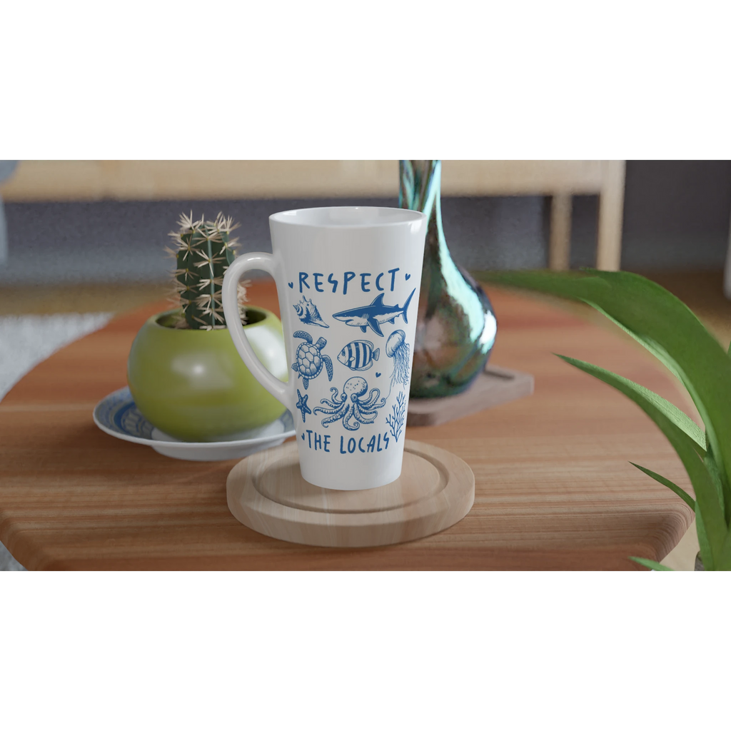 Respect The Locals, Sea Life - White Latte 17oz Ceramic Mug Latte Mug animal Globally Fulfilled Ocean