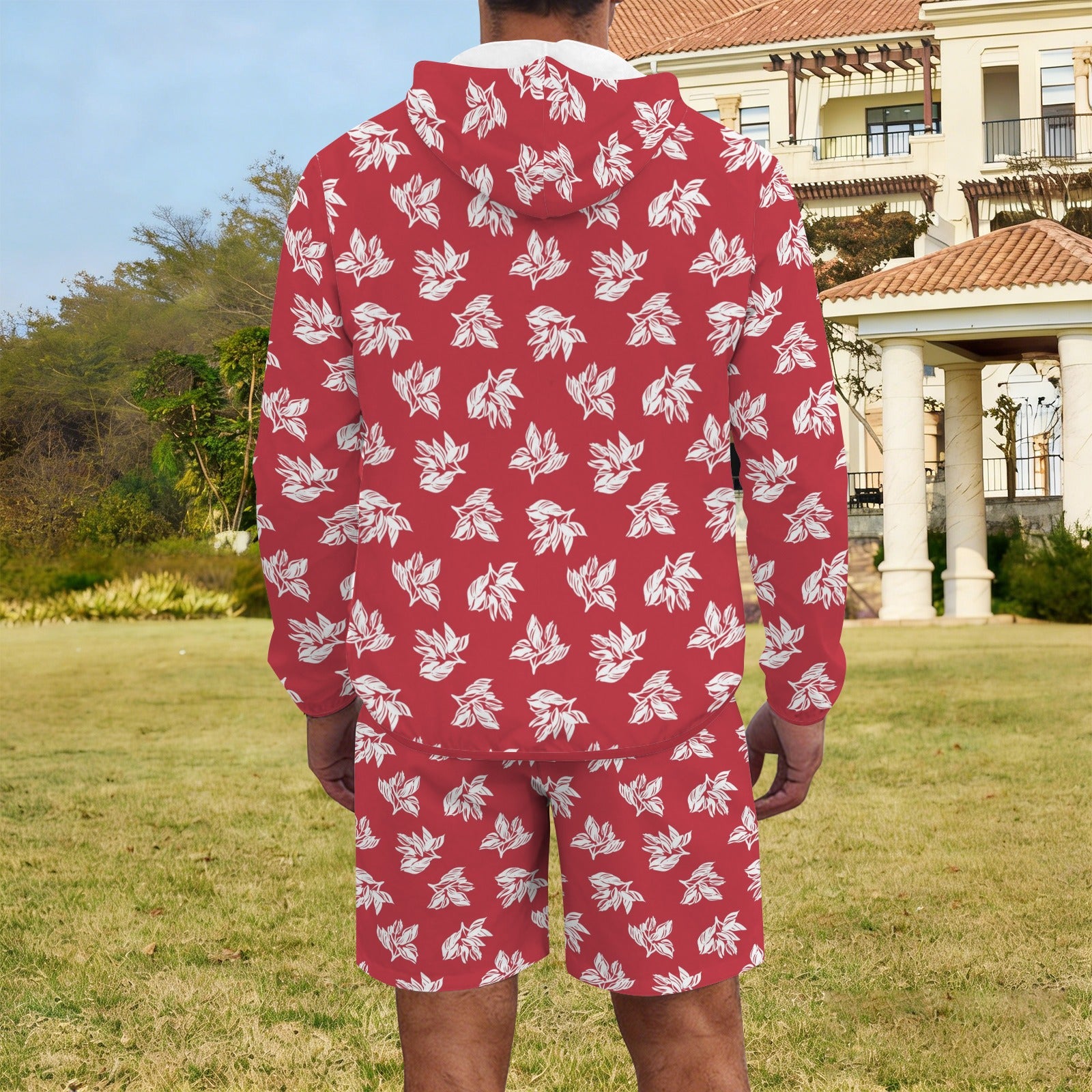 Red Retro Foliage Men's Lightweight Sun Hoodie & Shorts Set Men's Lightweight Sun Hoodie & Shorts Plants Printed Offshore