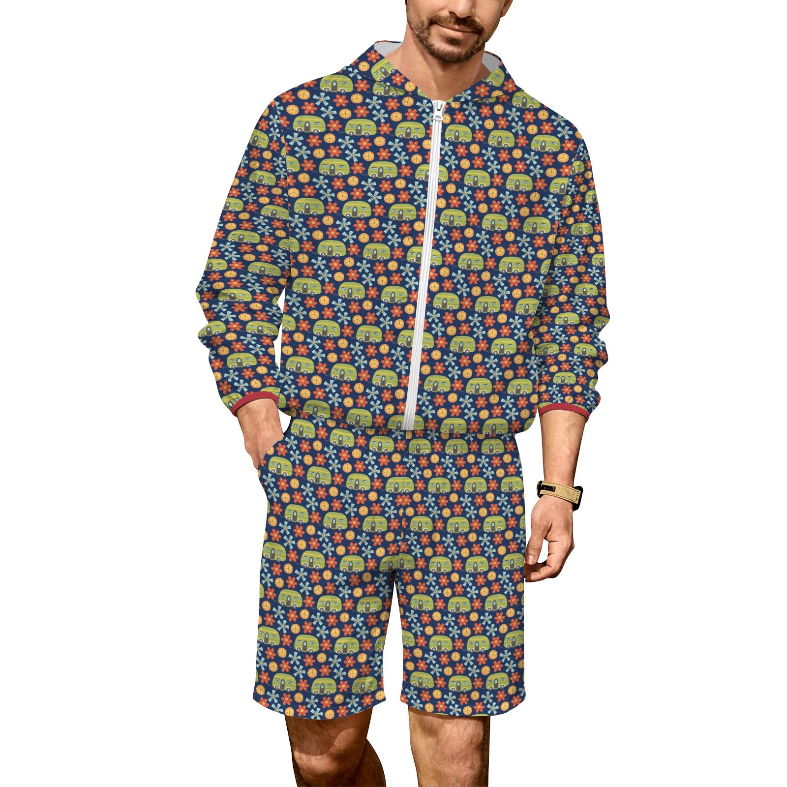Hippie Caravan Men's Lightweight Sun Hoodie & Shorts Set 4XL Men's Lightweight Sun Hoodie & Shorts Printed Offshore Retro