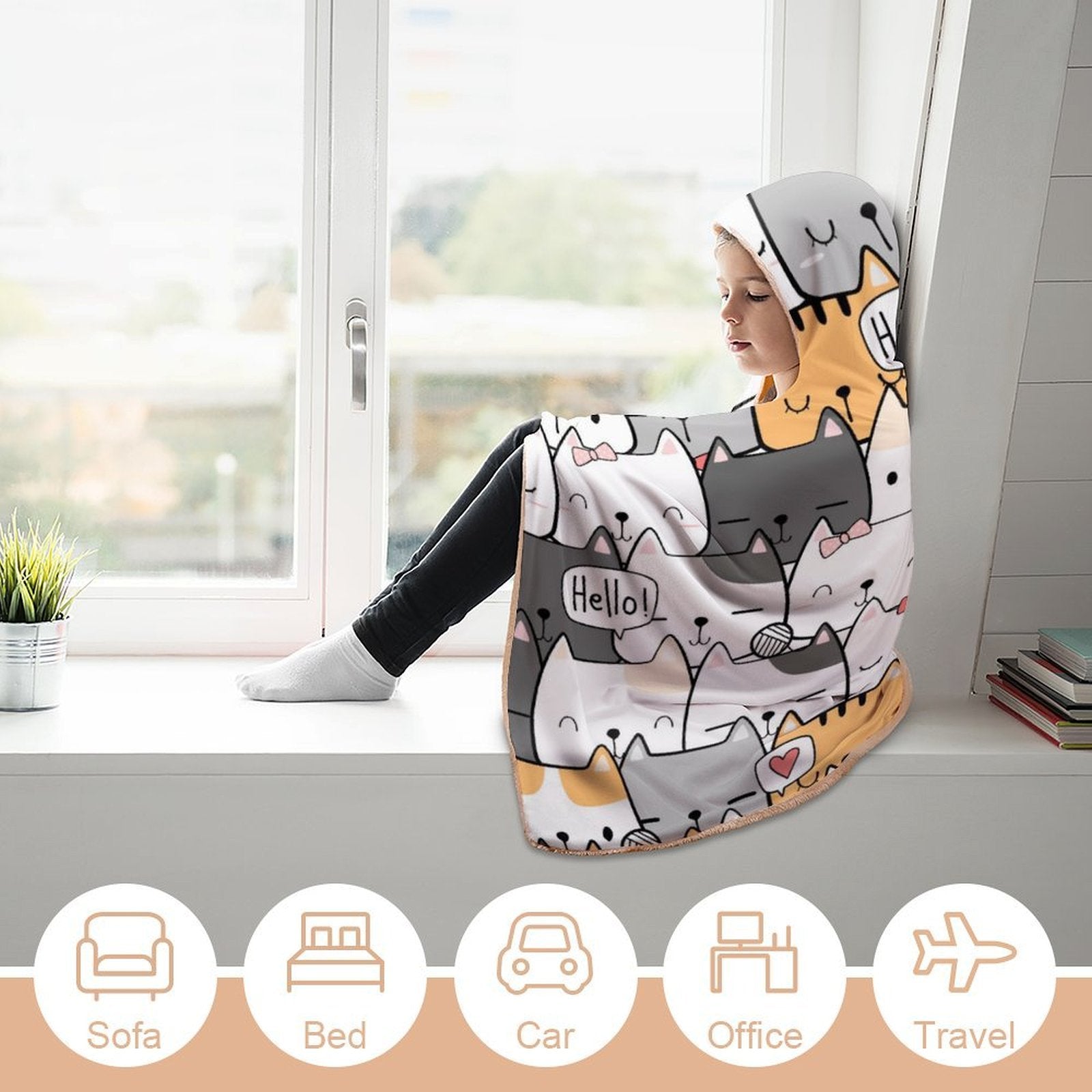 Cat Hello Kids Hooded Blanket 100cm x 130cm Kids Hooded Blanket animal Printed Offshore
