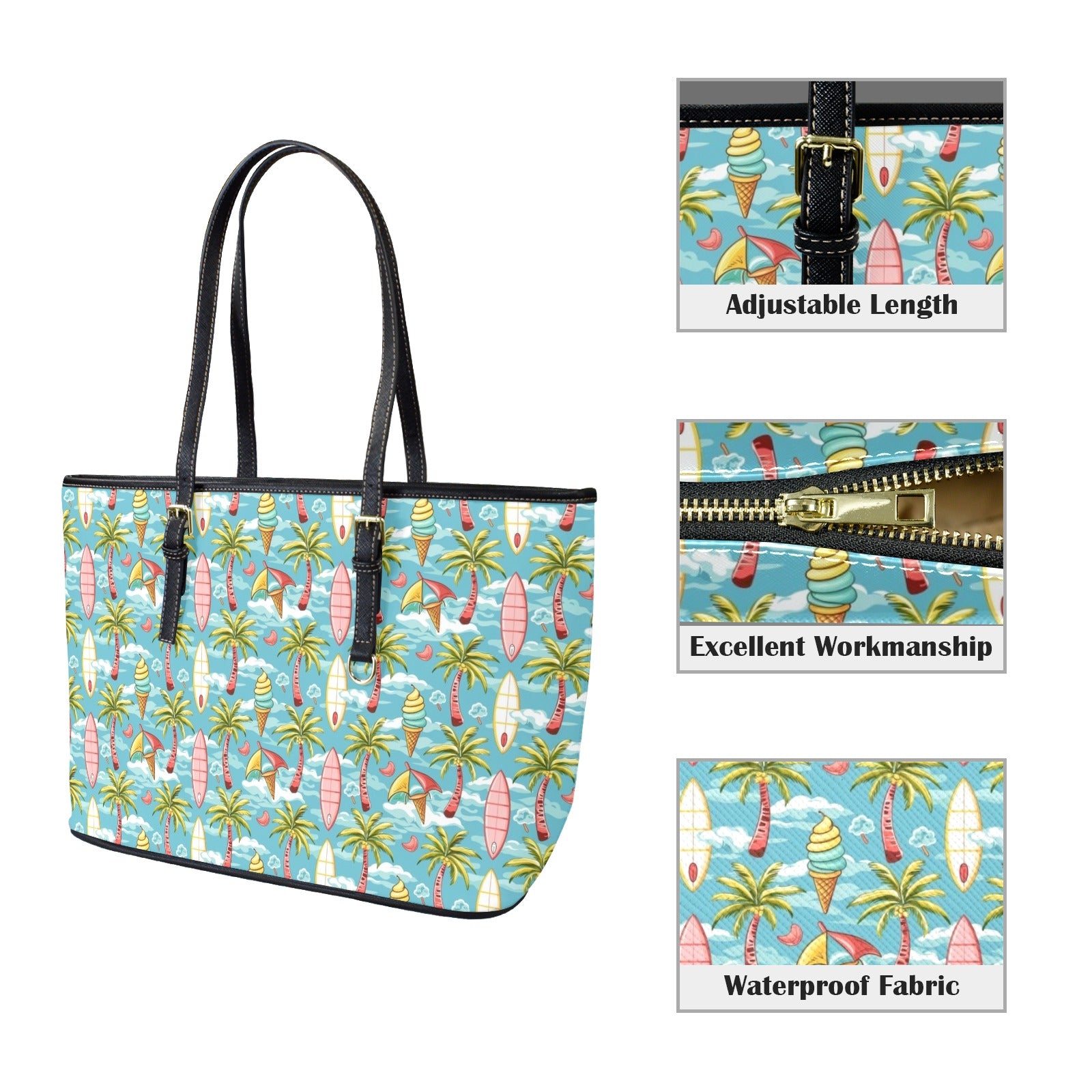 Summer Surf PU Leather Tote Bag Large Leather Tote Bag-Large Printed Offshore Summer Surf