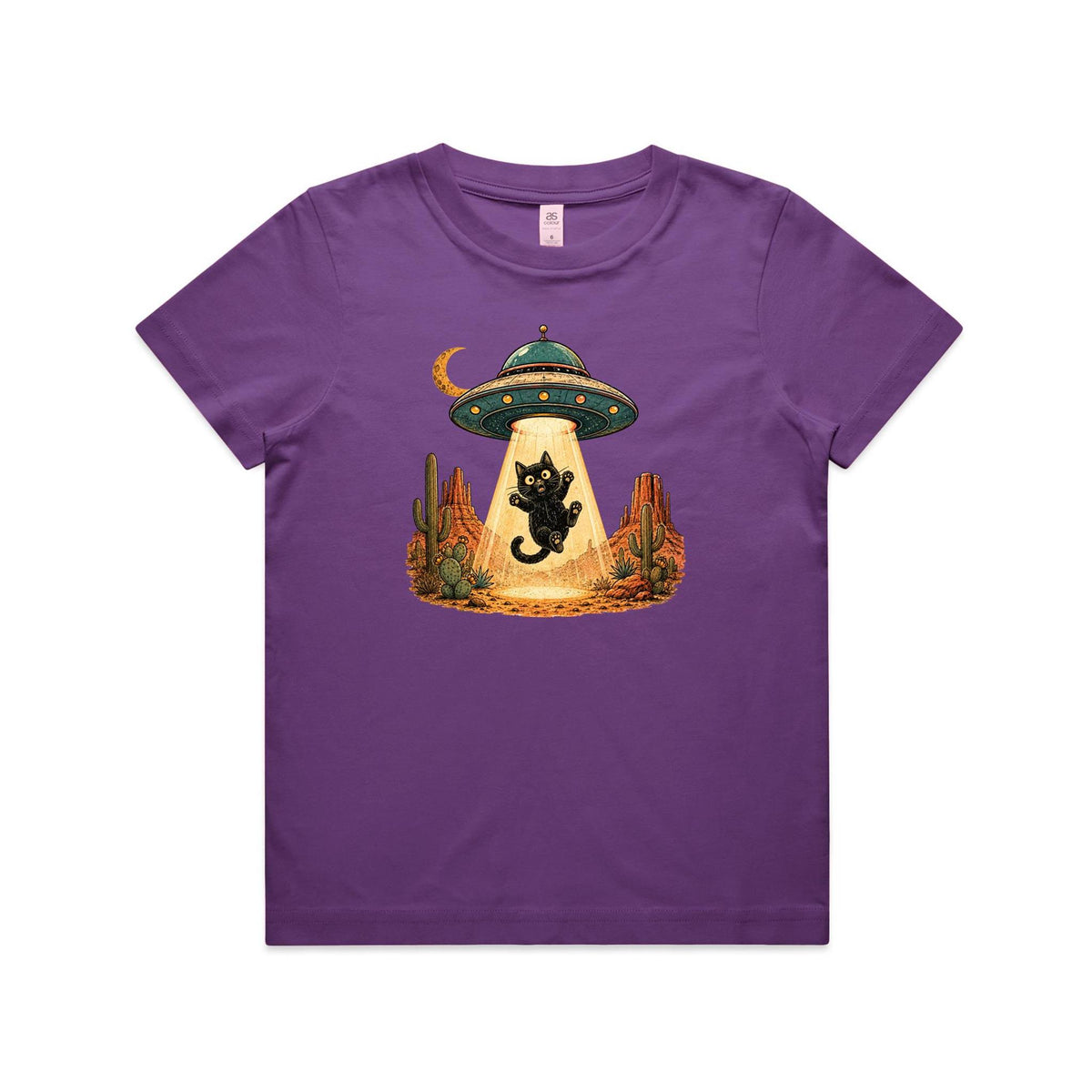 Black Cat Alien UFO Abduction Kids AS Colour T-shirt