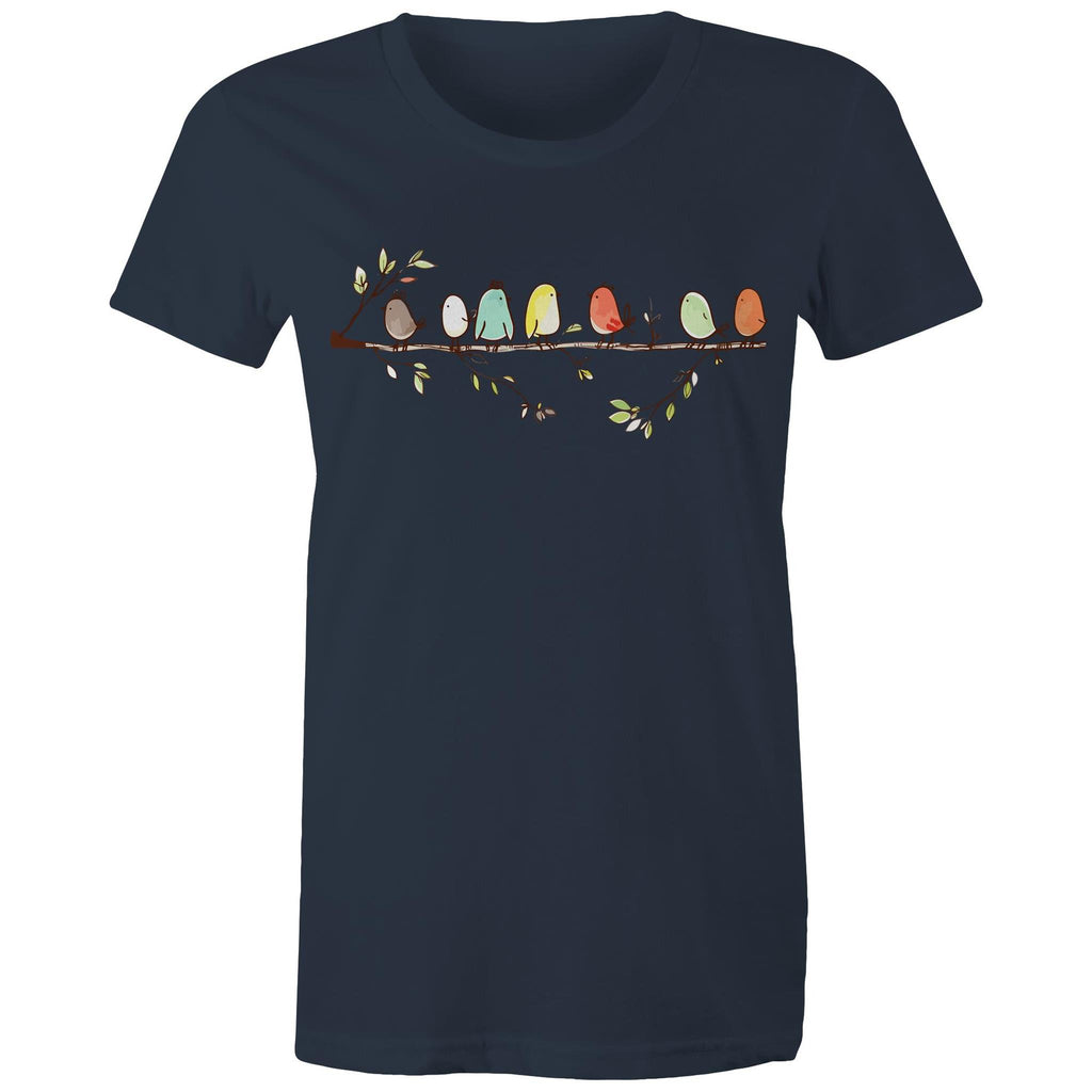 Birds On A Branch - Womens T-shirt Navy Womens T-shirt animal Printed In Australia