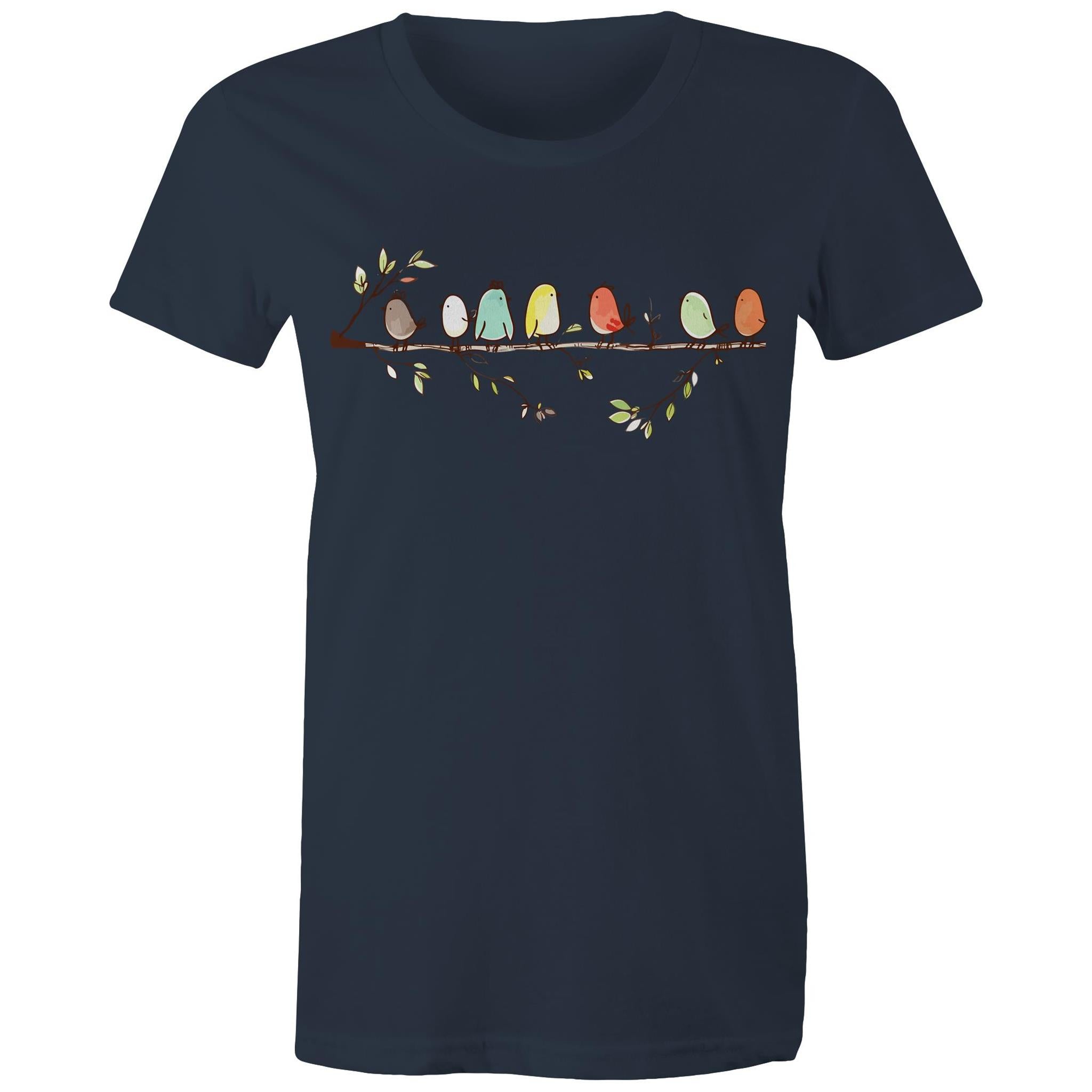 Birds On A Branch - Womens T-shirt Navy Womens T-shirt animal Printed In Australia