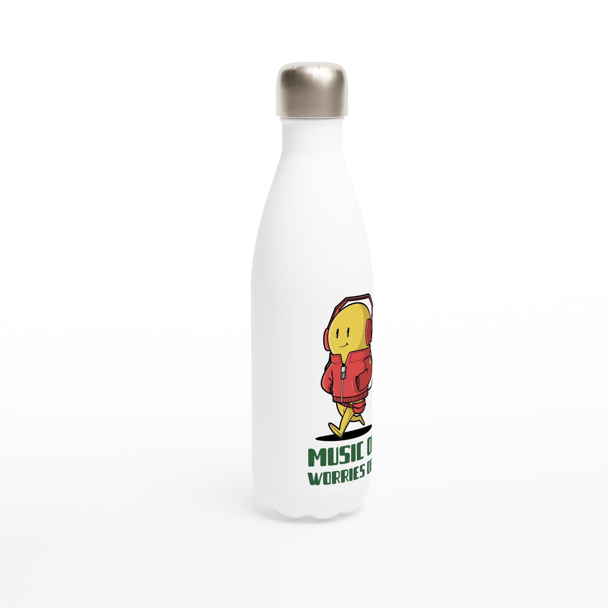Music On, Worries Off - White 17oz Stainless Steel Water Bottle White Water Bottle Globally Fulfilled Music
