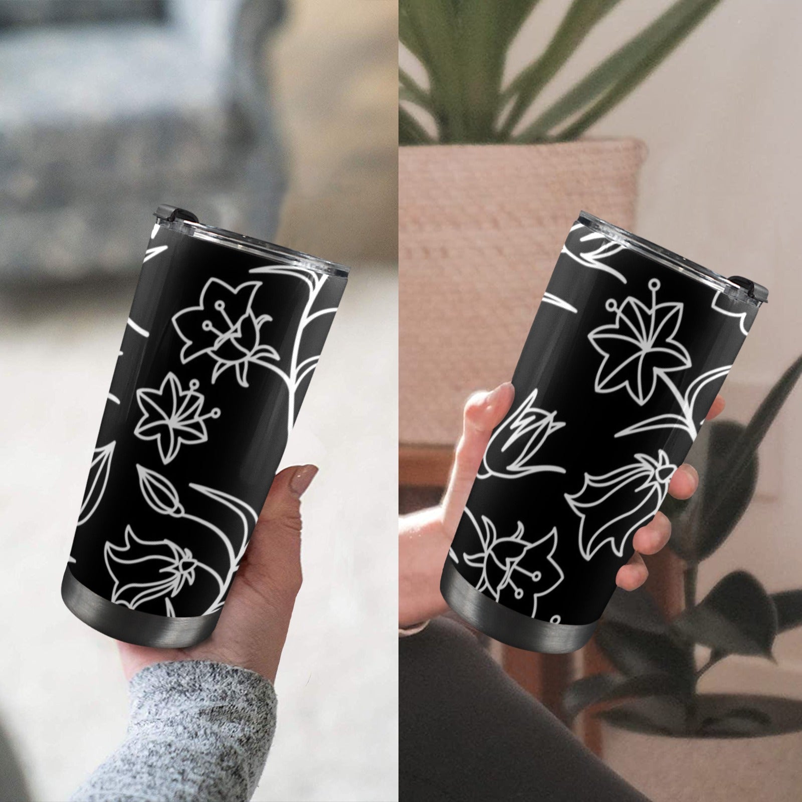 Black And White Floral - 20oz Mobile Tumbler with Lid (Black Lock) 20oz Travel Mug Plants Printed Offshore