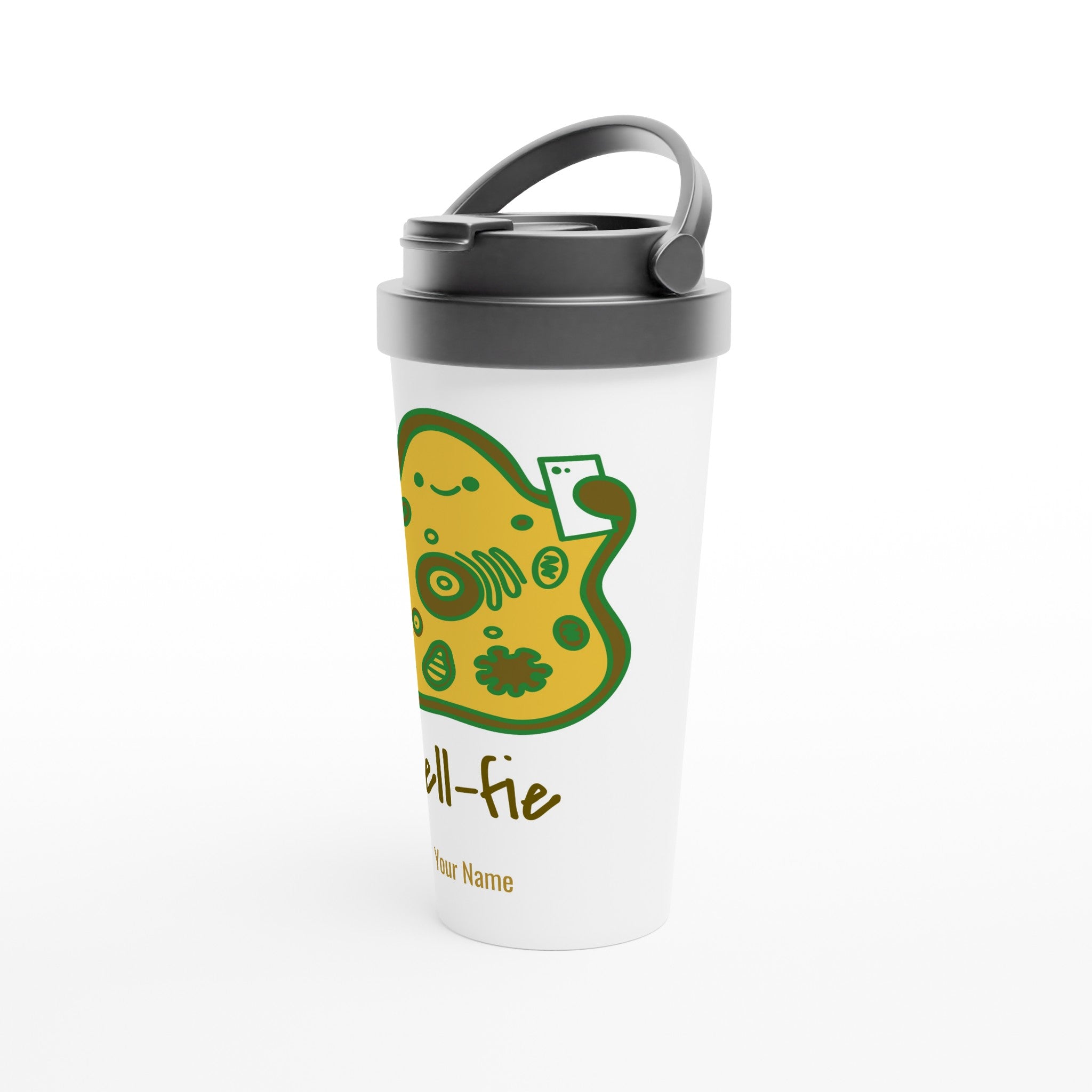 Personalised - Cell-fie - White 15oz Stainless Steel Travel Mug Personalised Travel Mug customise Globally Fulfilled personalise science