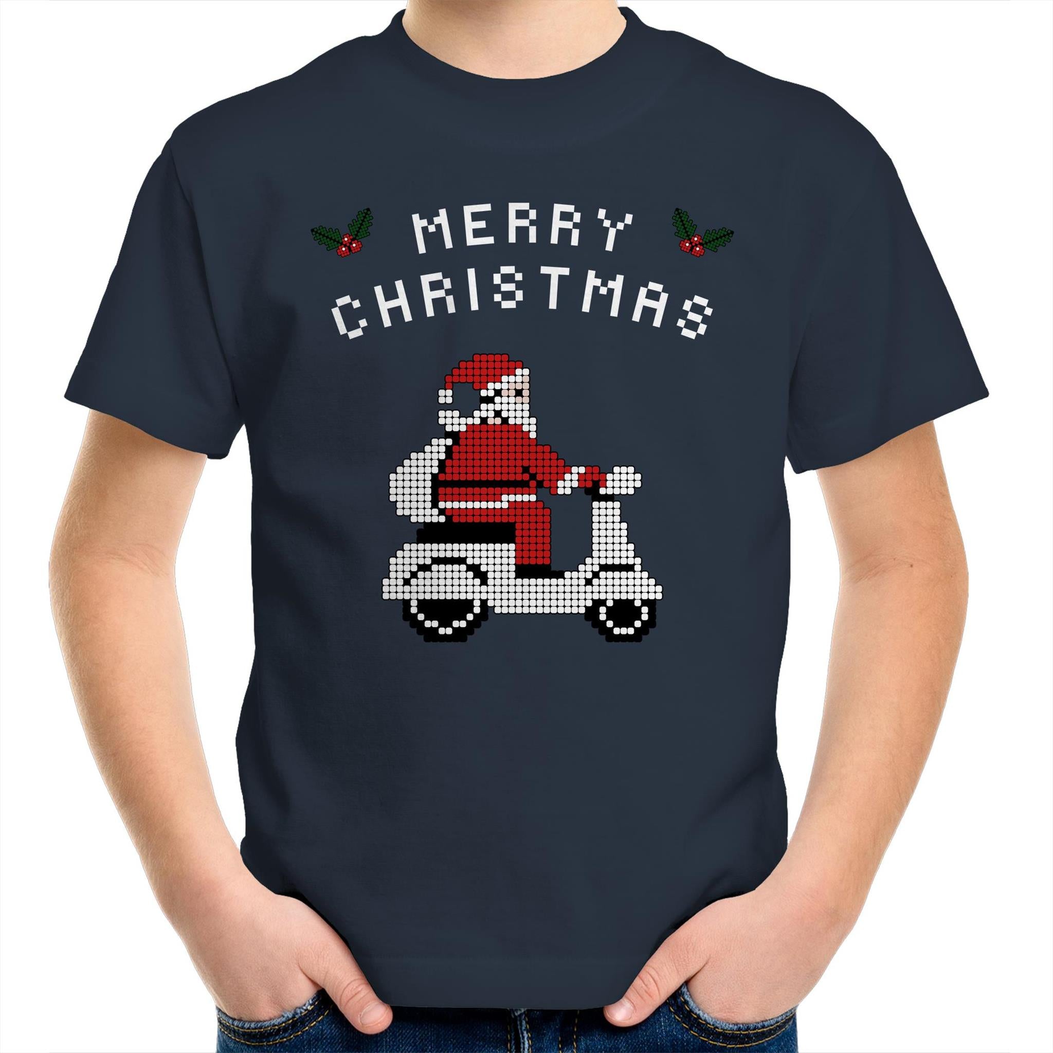 Scooter Santa - Kids Youth T-Shirt Navy Kids Christmas T-shirt Christmas Printed In Australia