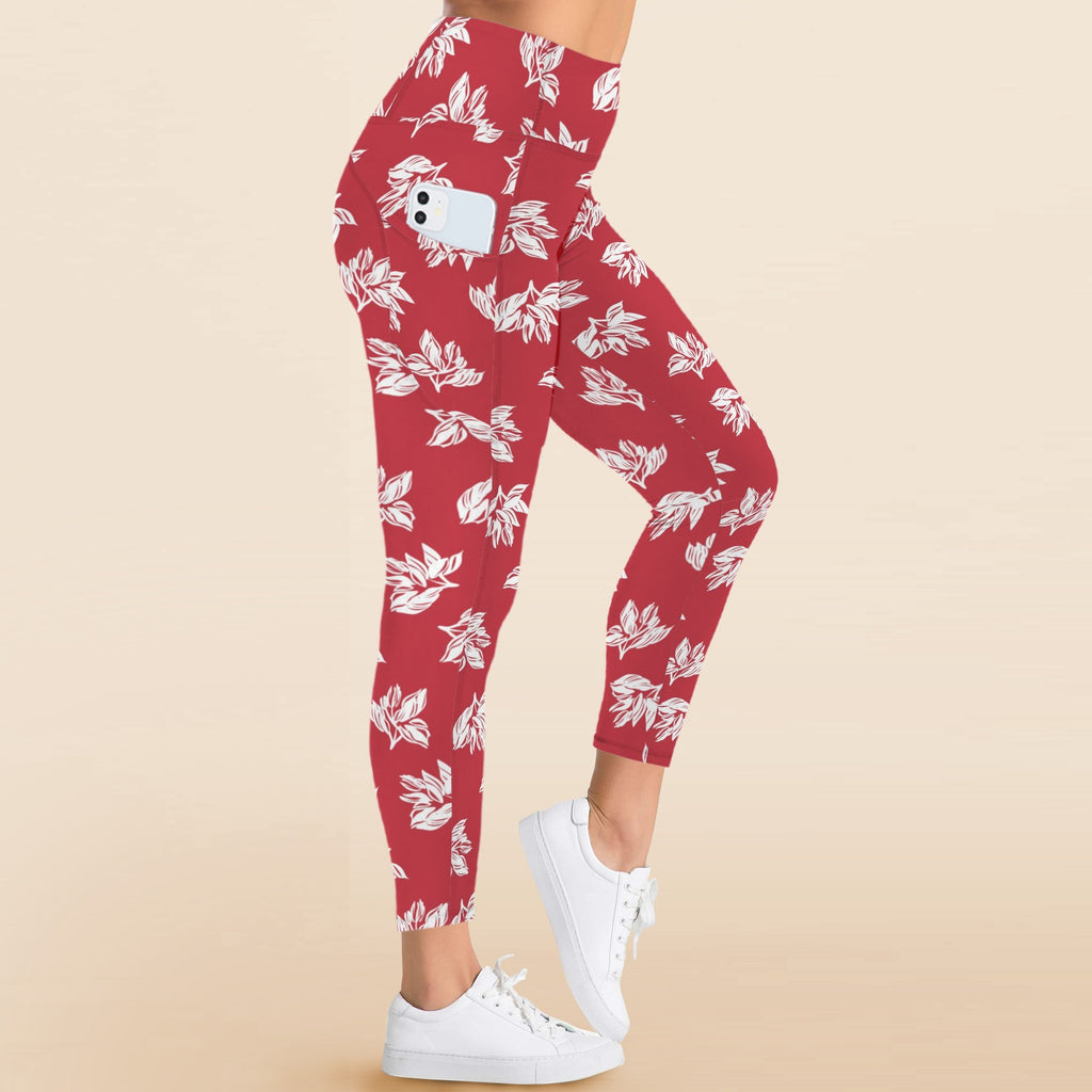 Red Retro Foliage - Women's High Waist Pockets Yoga Leggings
