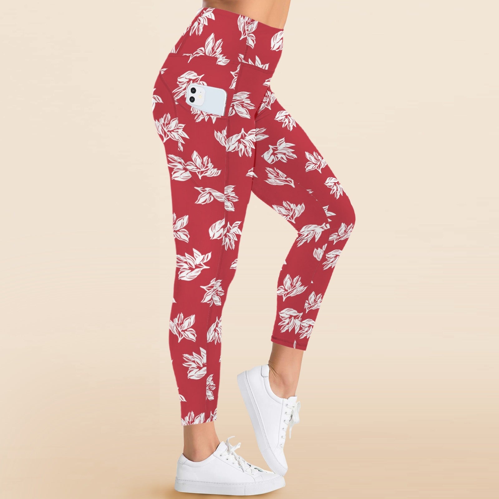 Red Retro Foliage - Women's High Waist Pockets Yoga Leggings