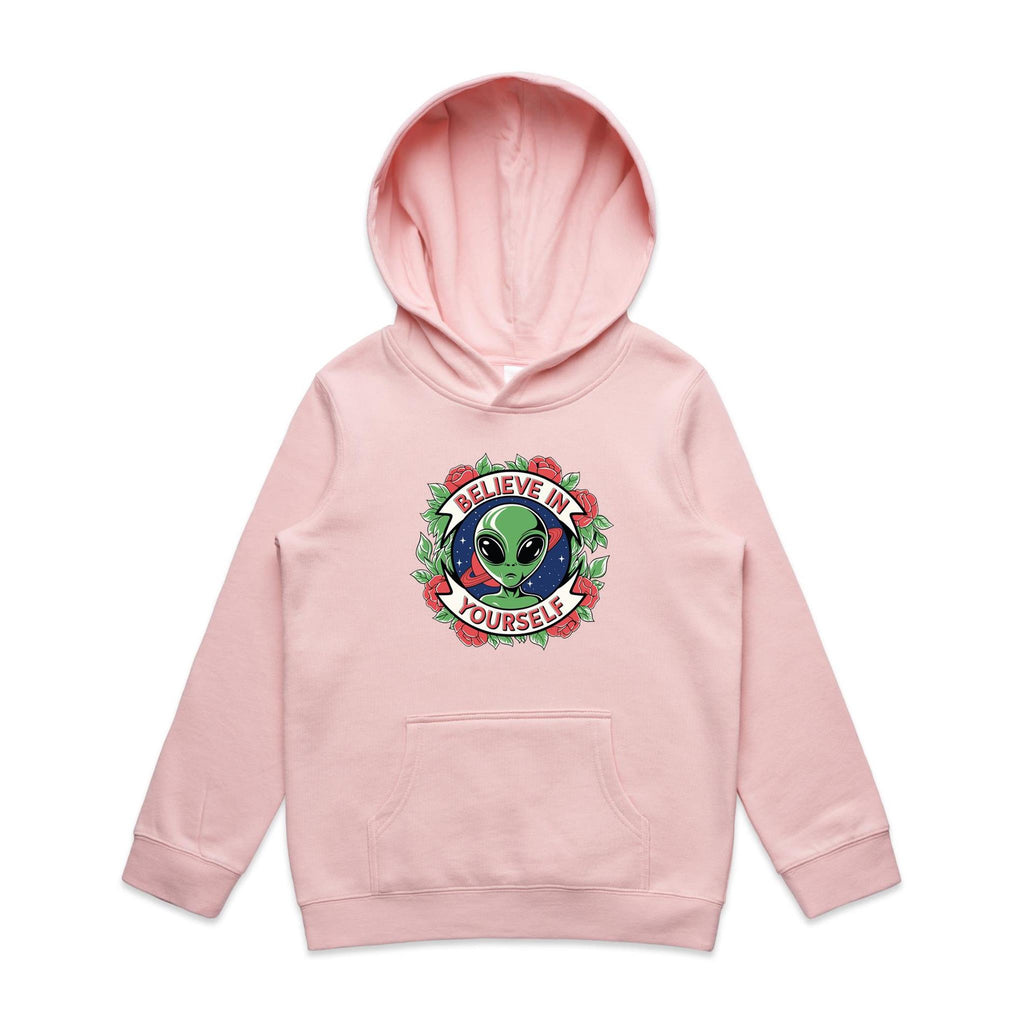 Believe In Yourself, Alien - Kids Hoodie Pink Kids Hoodie Motivation Positivity Printed In Australia Sci Fi