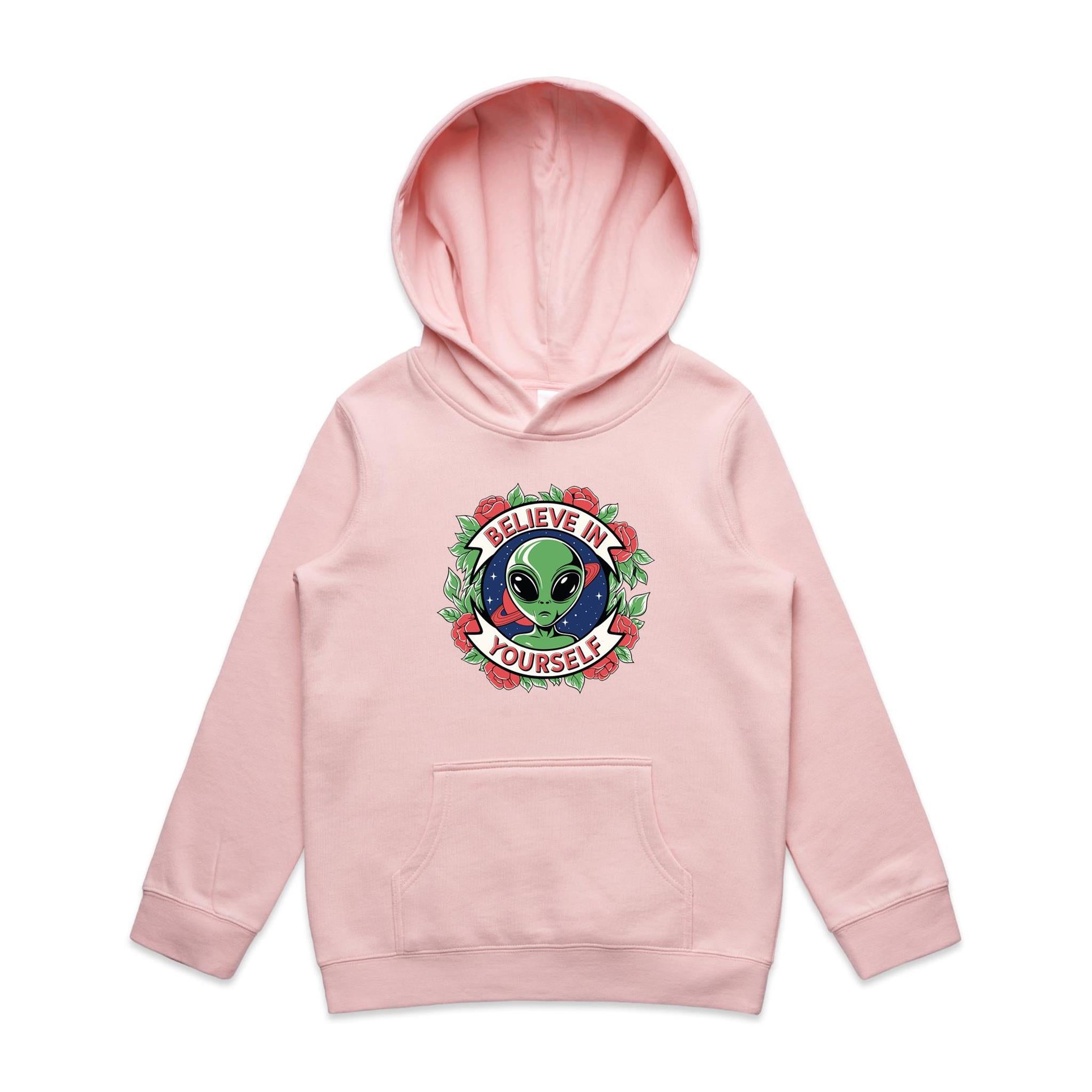 Believe In Yourself, Alien - Kids Hoodie Pink Kids Hoodie Motivation Positivity Printed In Australia Sci Fi