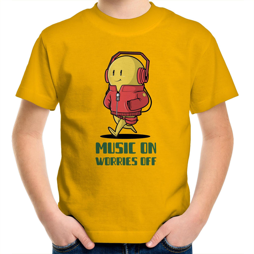 Music On, Worries Off, Headphones - Kids Youth T-Shirt Gold Kids Youth T-shirt Music Printed In Australia