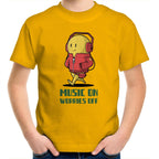 Music On, Worries Off, Headphones - Kids Youth T-Shirt Gold Kids Youth T-shirt Music Printed In Australia