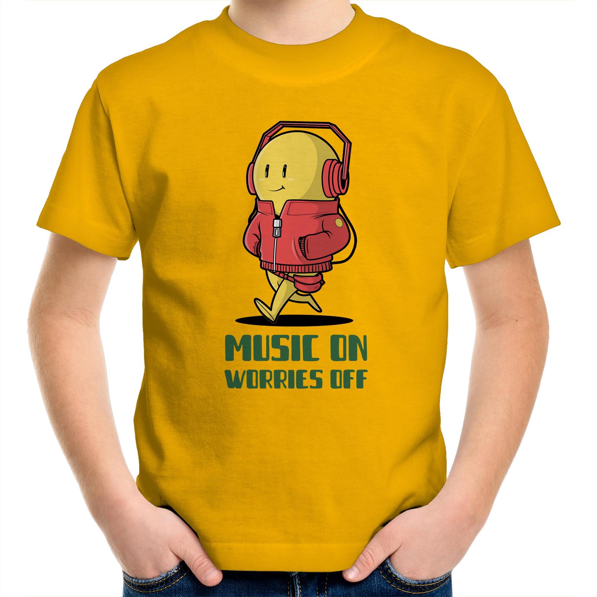 Music On, Worries Off, Headphones - Kids Youth T-Shirt Gold Kids Youth T-shirt Music Printed In Australia