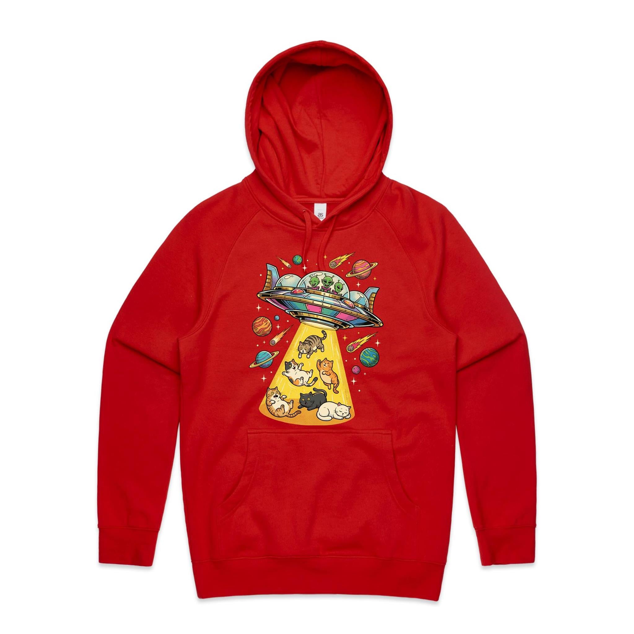 UFO Cat Abduction Men's AS Colour Hoodie Red Mens Hoodie animal Printed In Australia Sci Fi