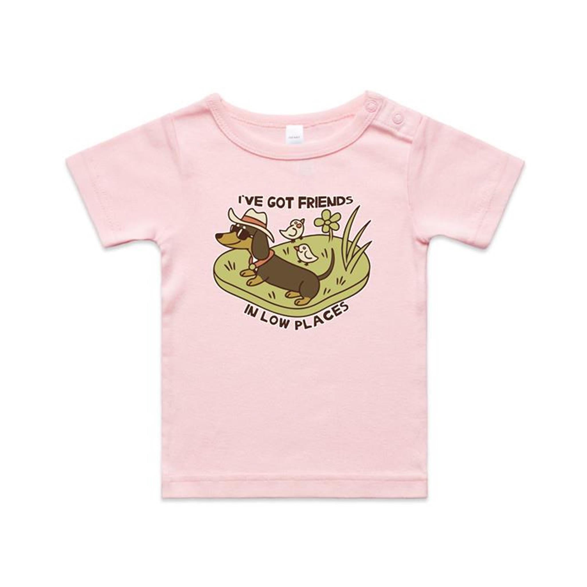 Dachshund, I've Got Friends In Low Places AS Colour Baby T-shirt Pink Baby T-shirt animal Printed In Australia