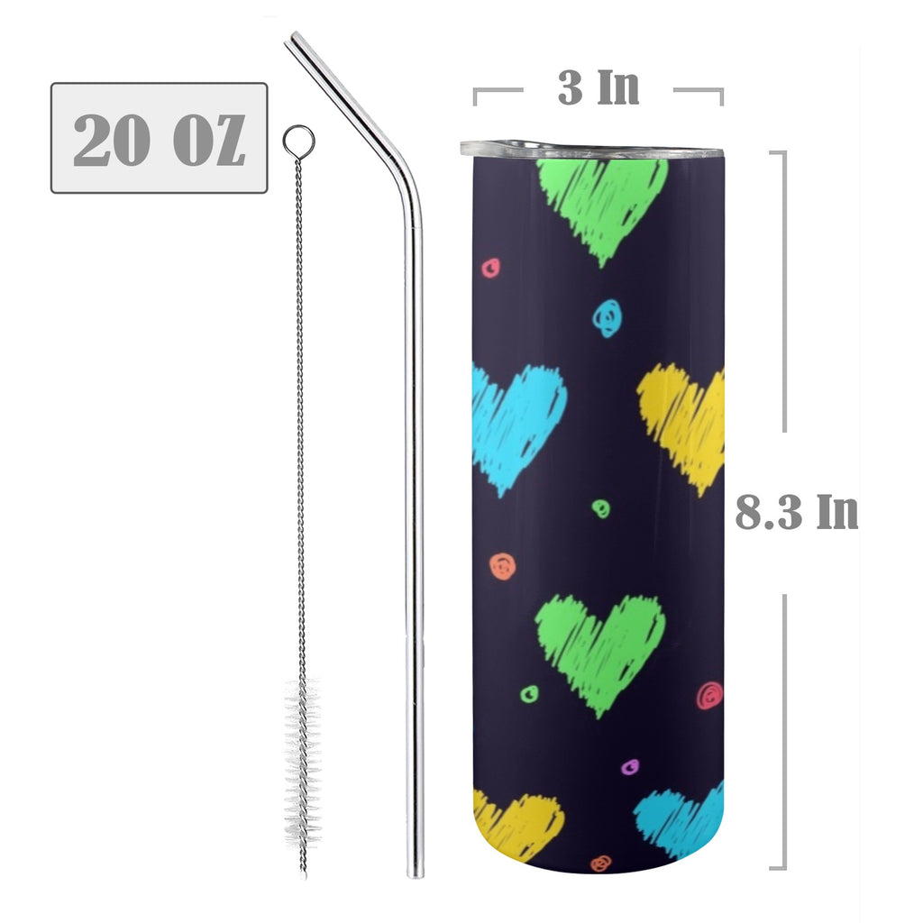 Colourful Hearts - 20oz Tall Skinny Tumbler with Lid and Straw