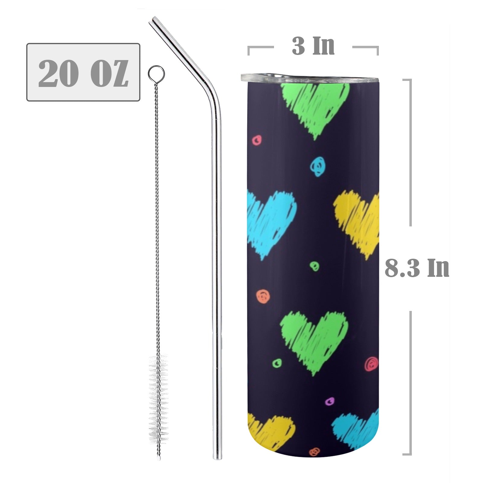 Colourful Hearts - 20oz Tall Skinny Tumbler with Lid and Straw