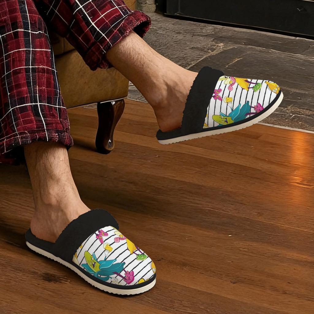 Ugly Bananas Men's Fur Trim Thick-Sole Indoor Slippers Men's Fur Trimmed Slippers Food Printed Offshore