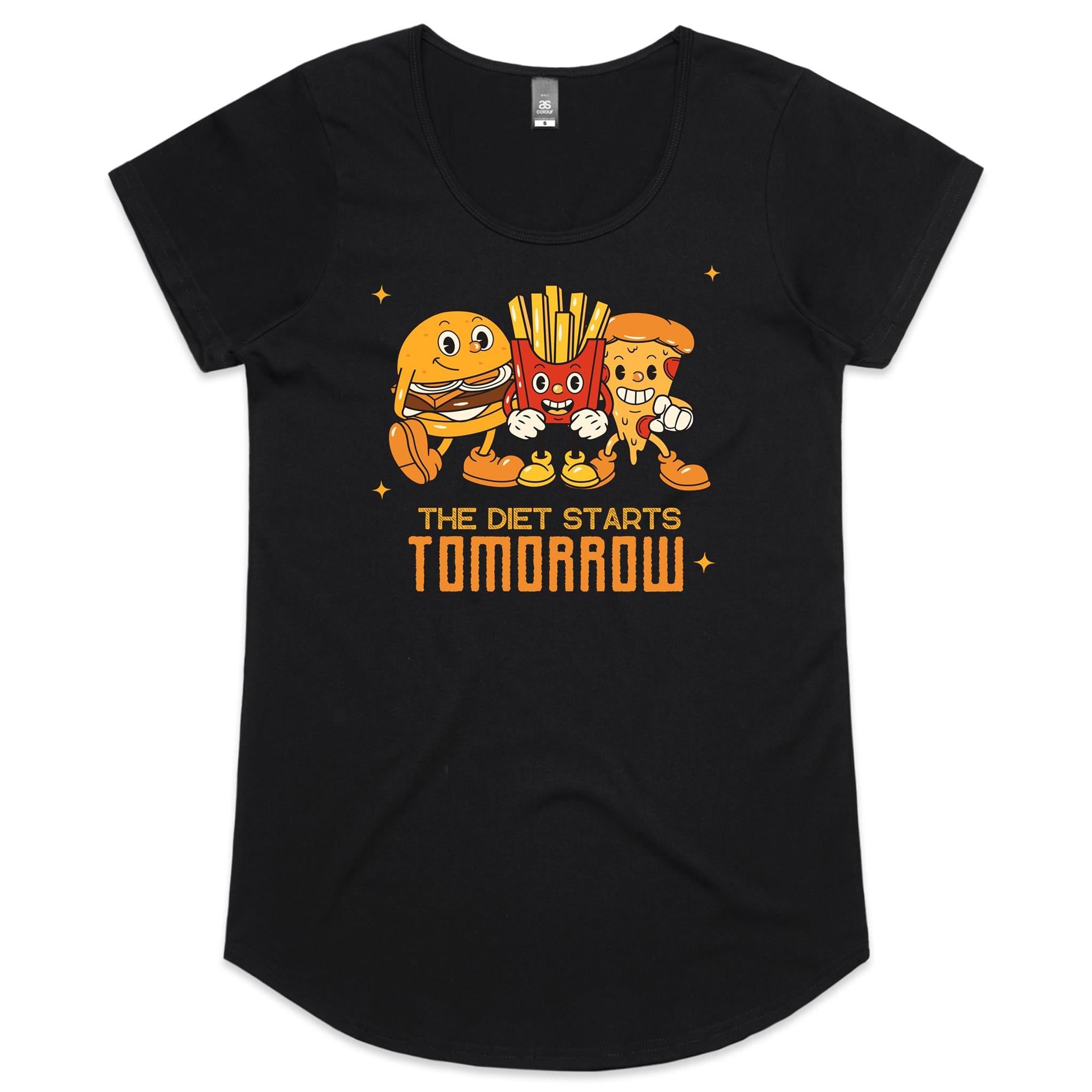 The Diet Starts Tomorrow, Hamburger, Pizza, Fries - Womens Scoop Neck T-Shirt Black Womens Scoop Neck T-shirt Food Printed In Australia