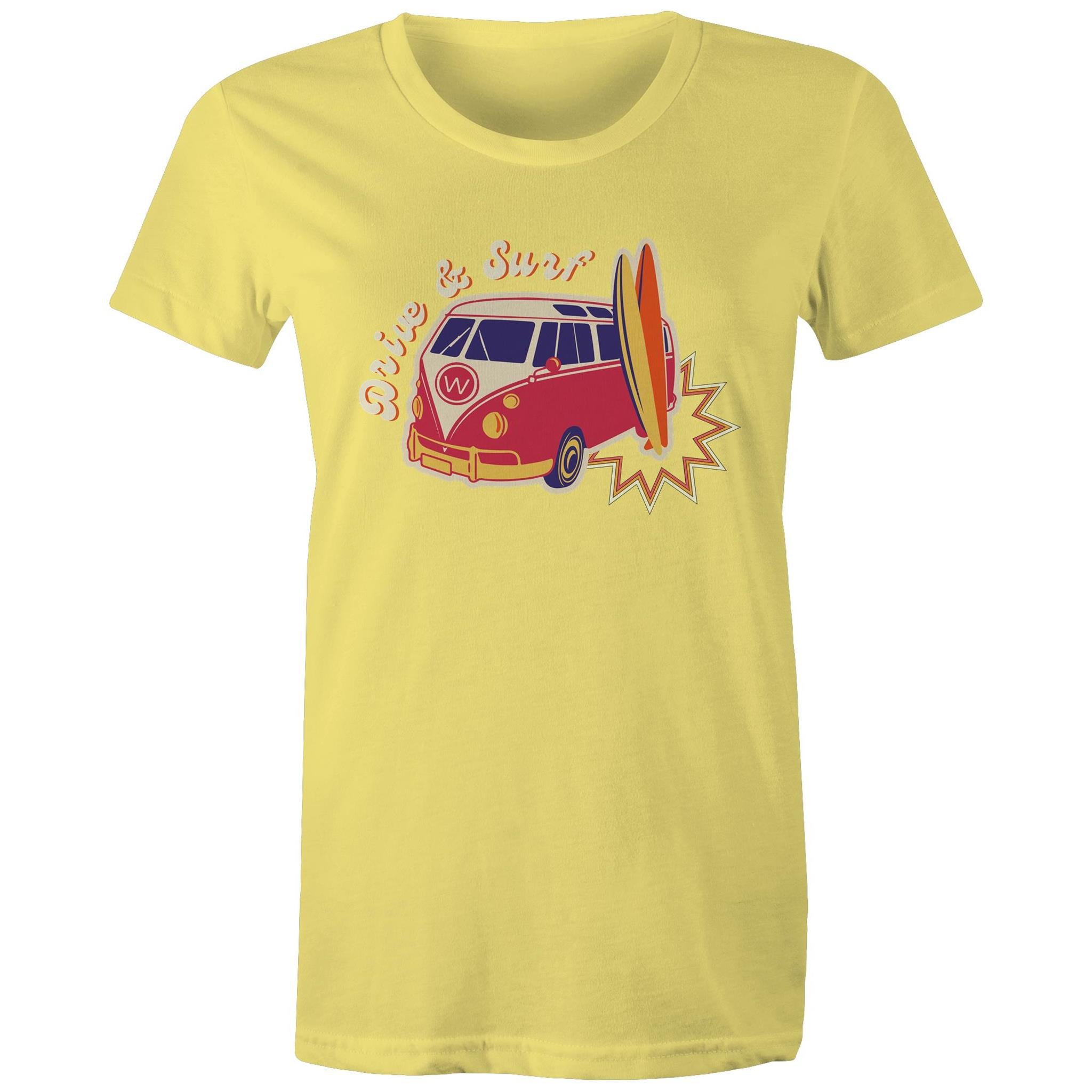 Drive And Surf - Womens T-shirt Yellow Womens T-shirt Printed In Australia Summer Surf