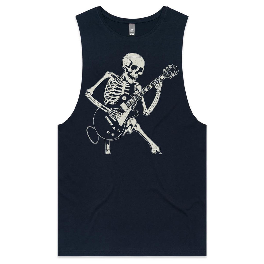 Skeleton Playing Guitar Mens Men's AS Colour Drop Arm Tank Top Navy Drop Arm Tank Top Music Printed In Australia