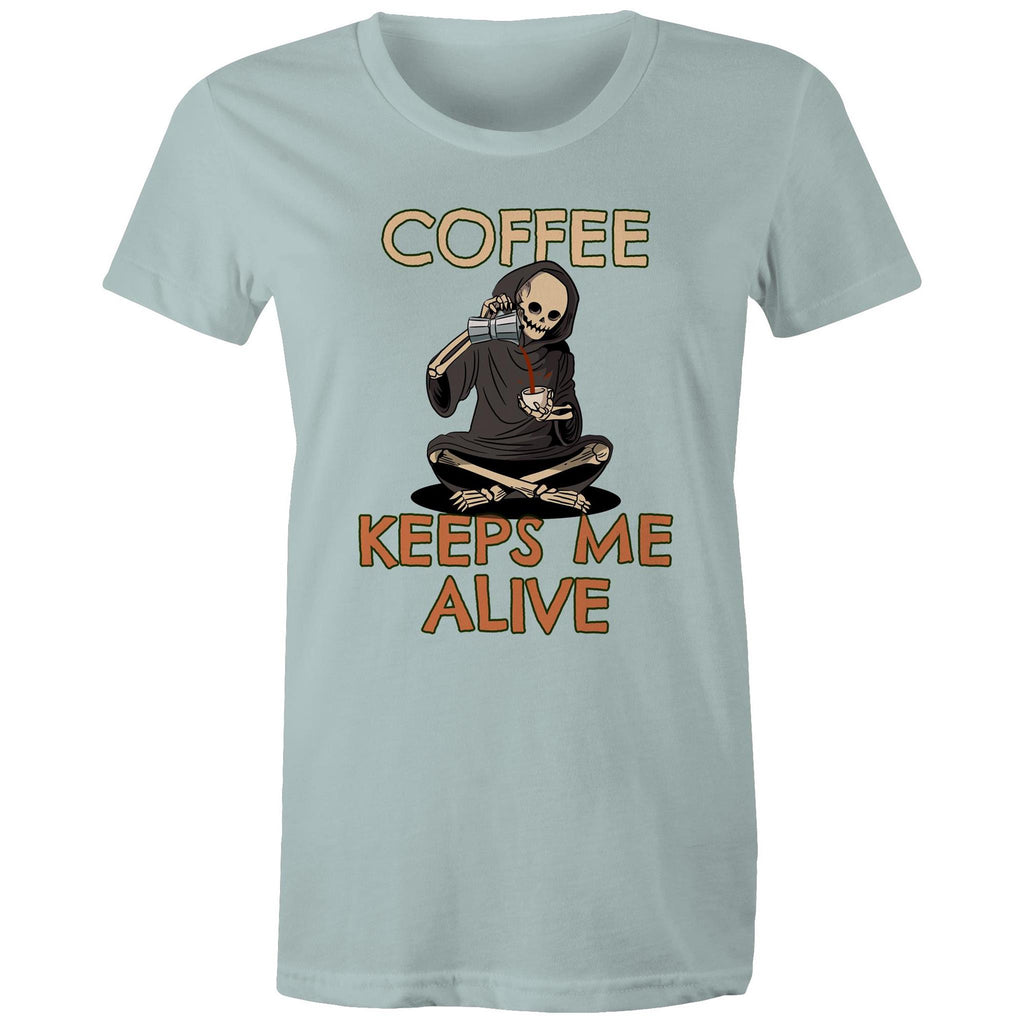 Coffee Keeps Me Alive, Skeleton - Womens T-shirt Pale Blue Womens T-shirt Coffee Printed In Australia