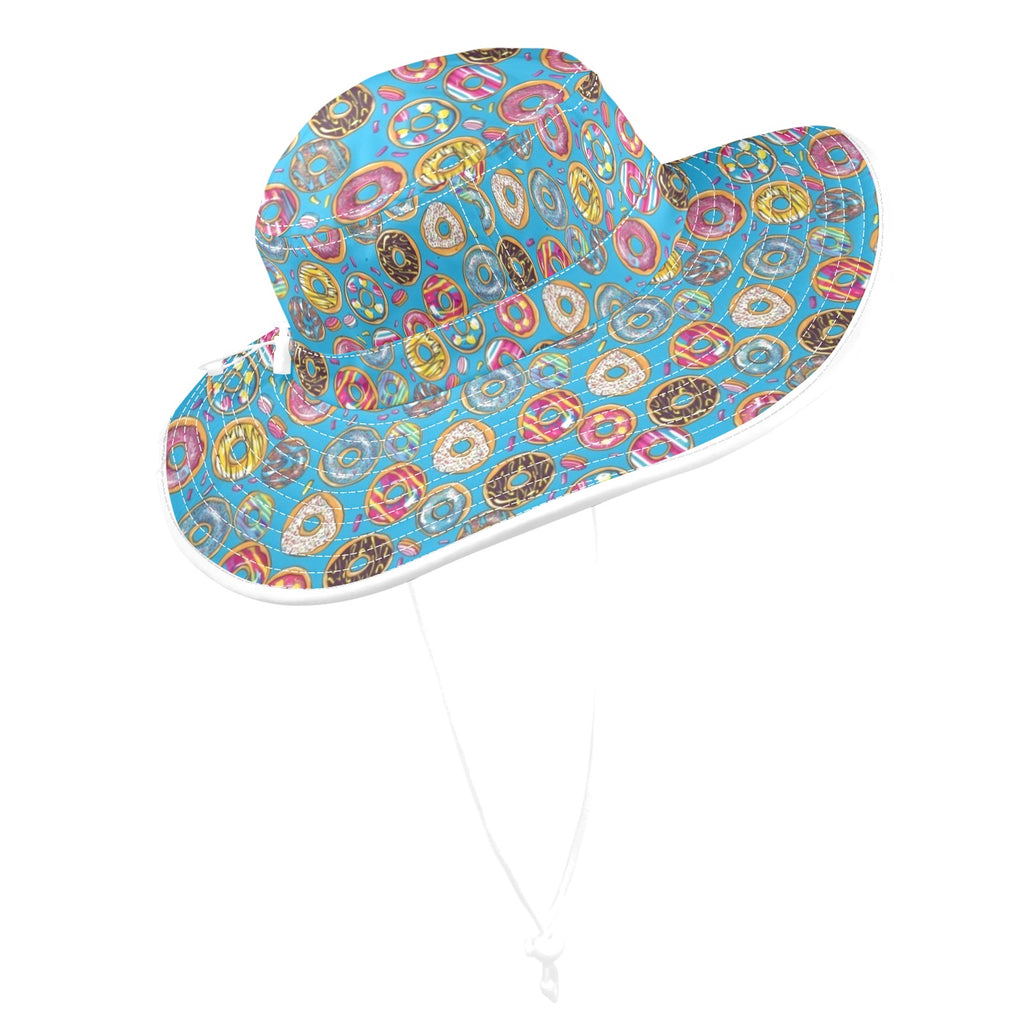 Doughnuts On Blue Wide Brim Bucket Hat Wide Brim Bucket Hat Food Printed Offshore