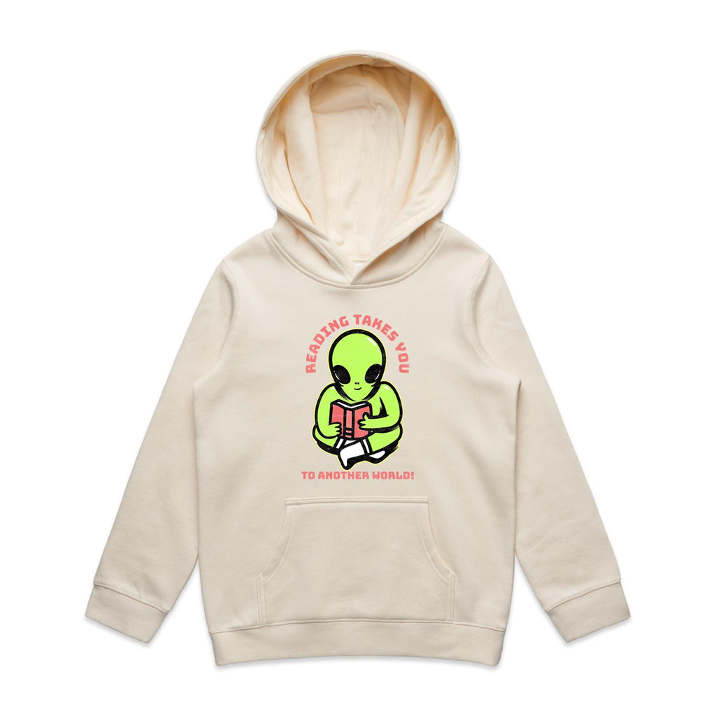Reading Takes You To Another World, Alien Kid's AS Colour Hoodie Ecru Kids Hoodie Printed In Australia
