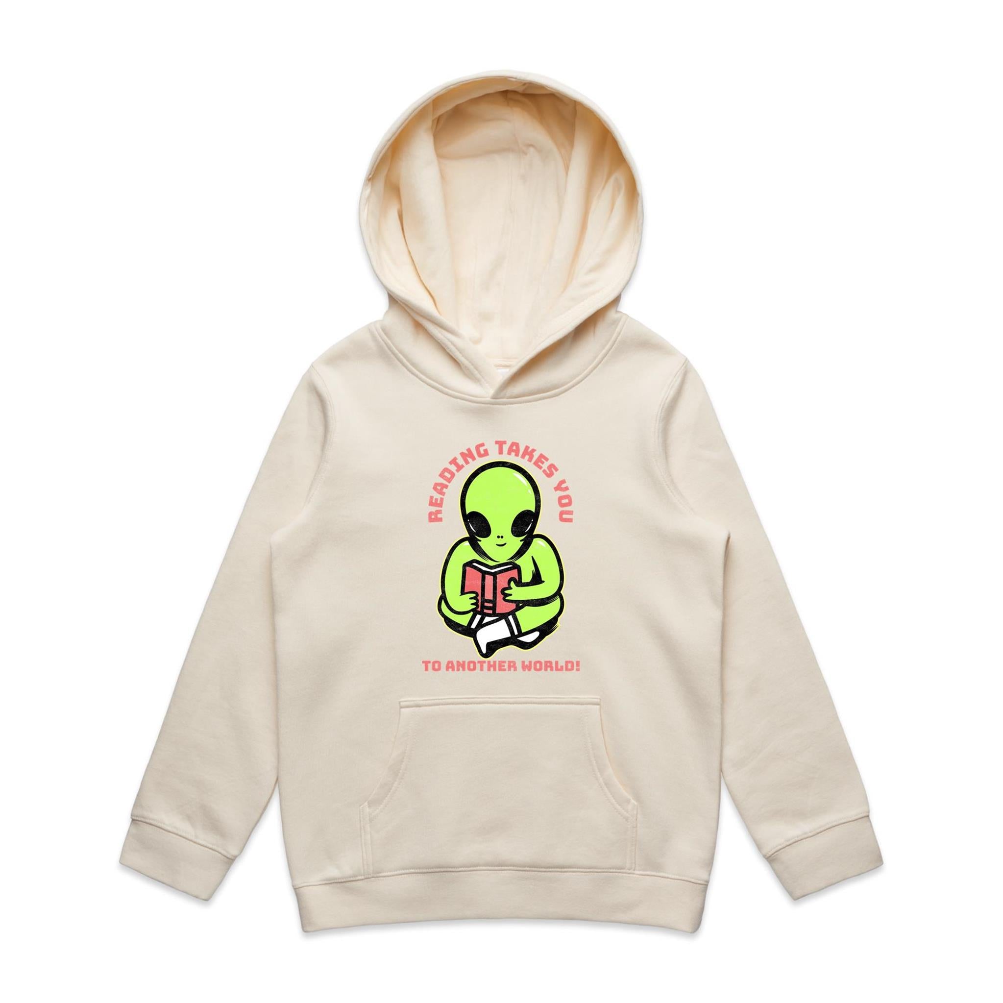 Reading Takes You To Another World, Alien - Kids Hoodie Ecru Kids Hoodie Printed In Australia